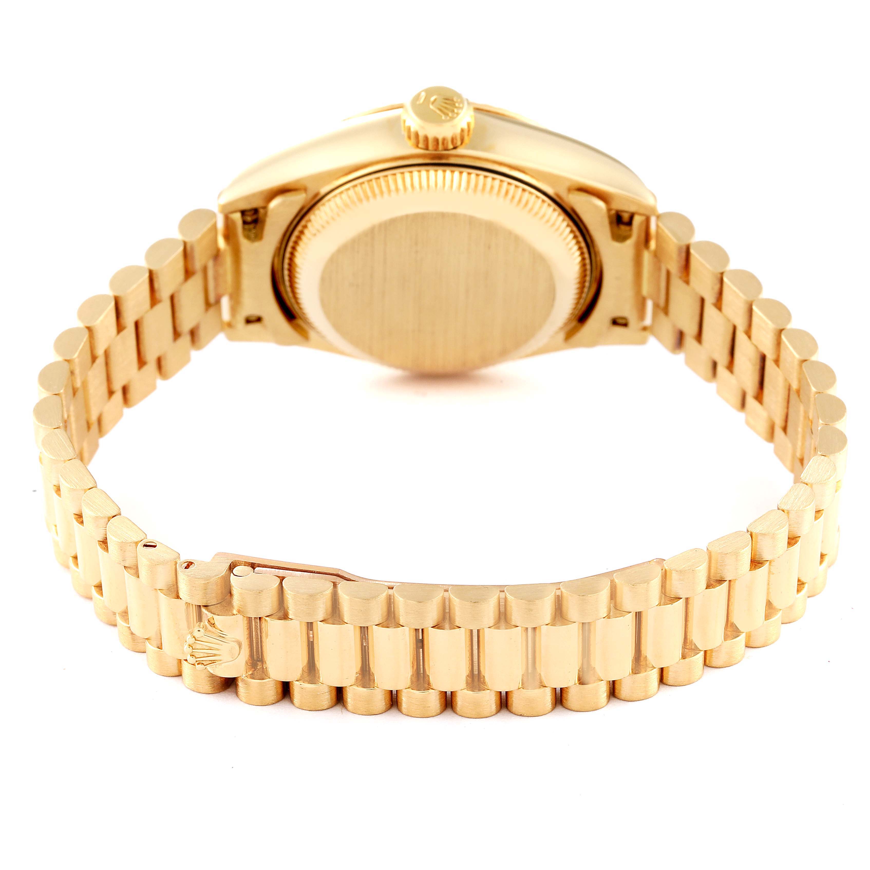 The image shows the back view of the Rolex President 69178 Women
s Yellow Gold Champagne Dial 69178 Women
s Yellow Gold Champagne Dial model watch, highlighting the case back and bracelet.