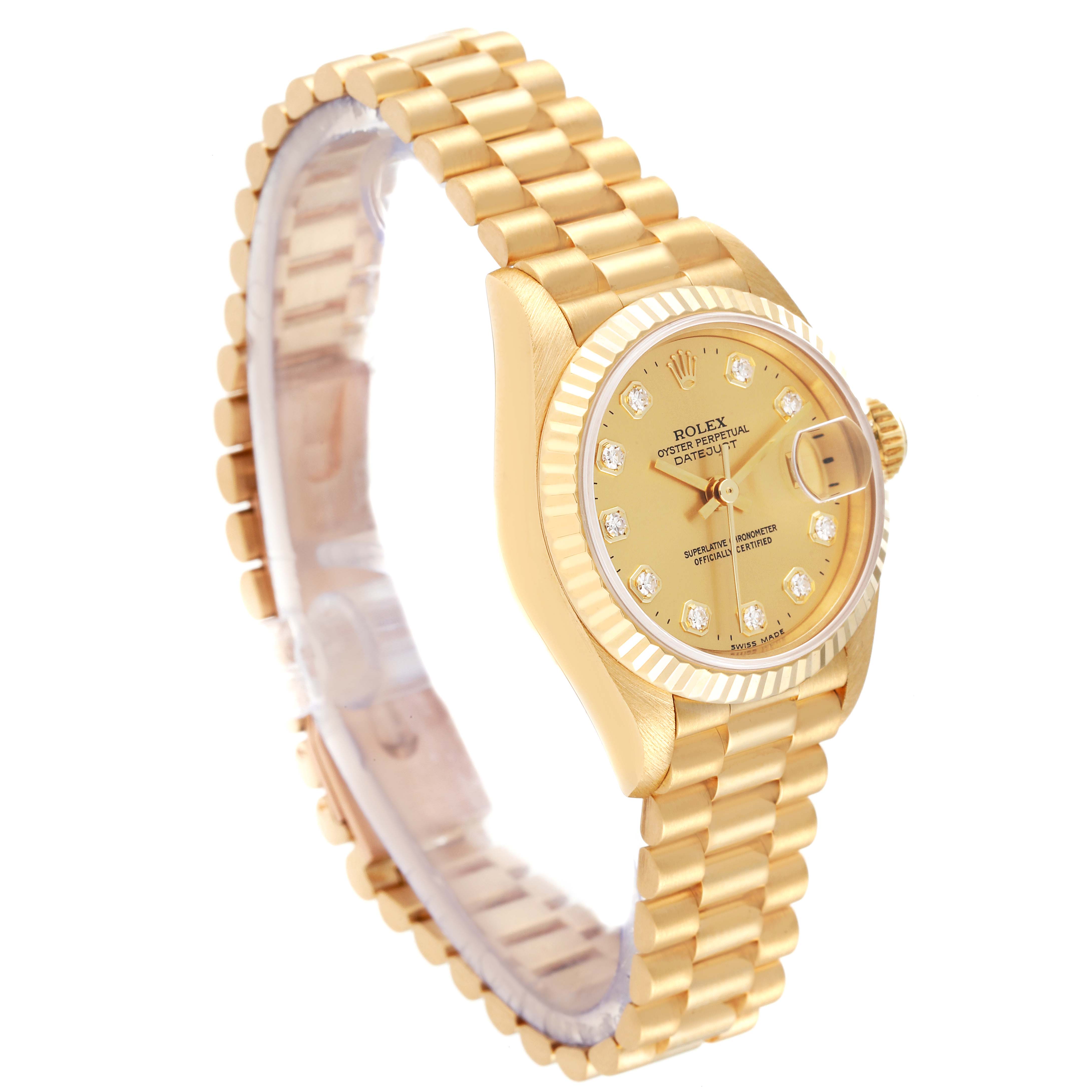 The Rolex President 69178 Women
s Yellow Gold Champagne Dial 69178 Women
s Yellow Gold Champagne Dial model watch is angled to show its gold band, fluted bezel, and diamond hour markers on the dial.