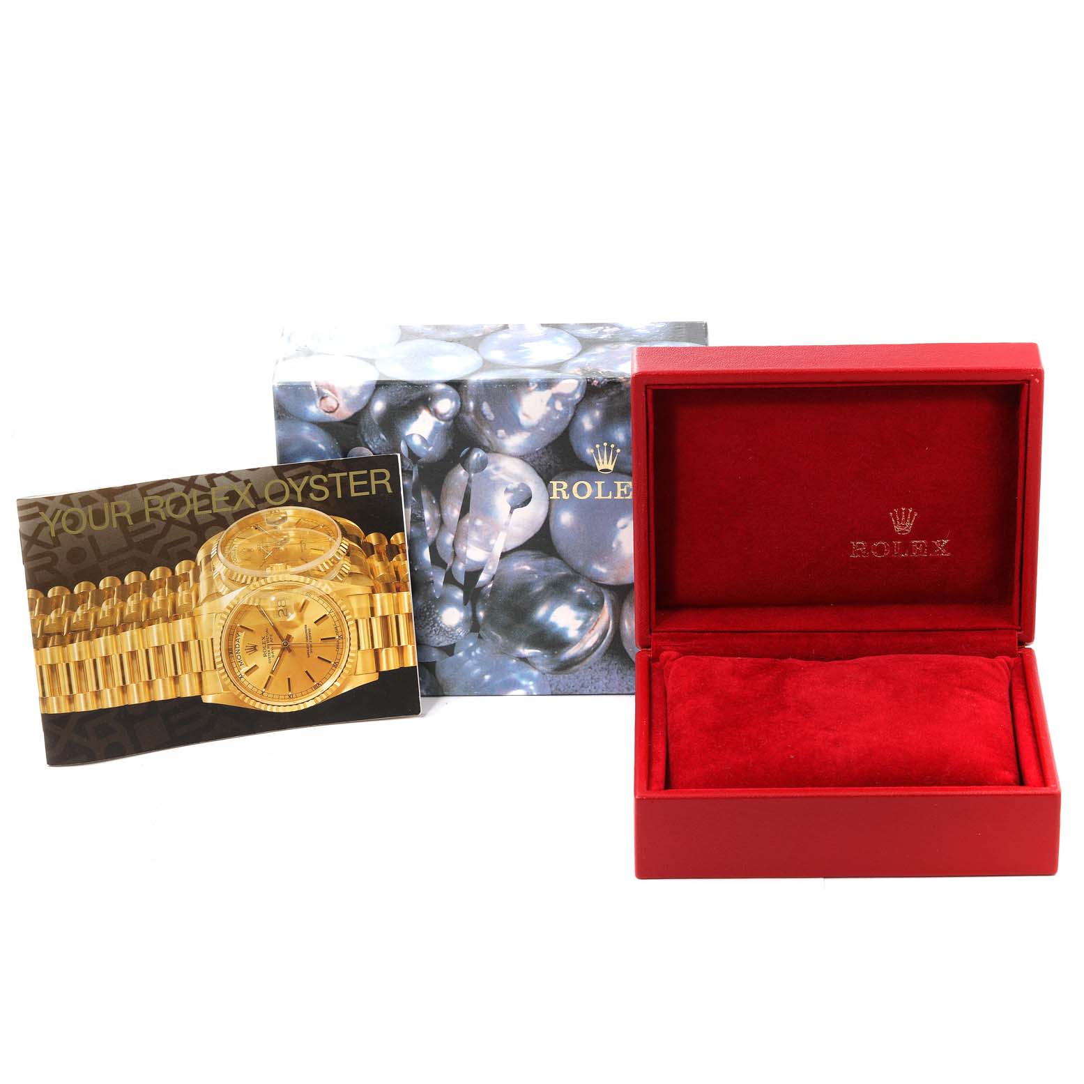 The image shows an open Rolex President 69178 Women
s Yellow Gold Champagne Dial 69178 Women
s Yellow Gold Champagne Dial model watch box and accompanying booklet from an eye-level angle.