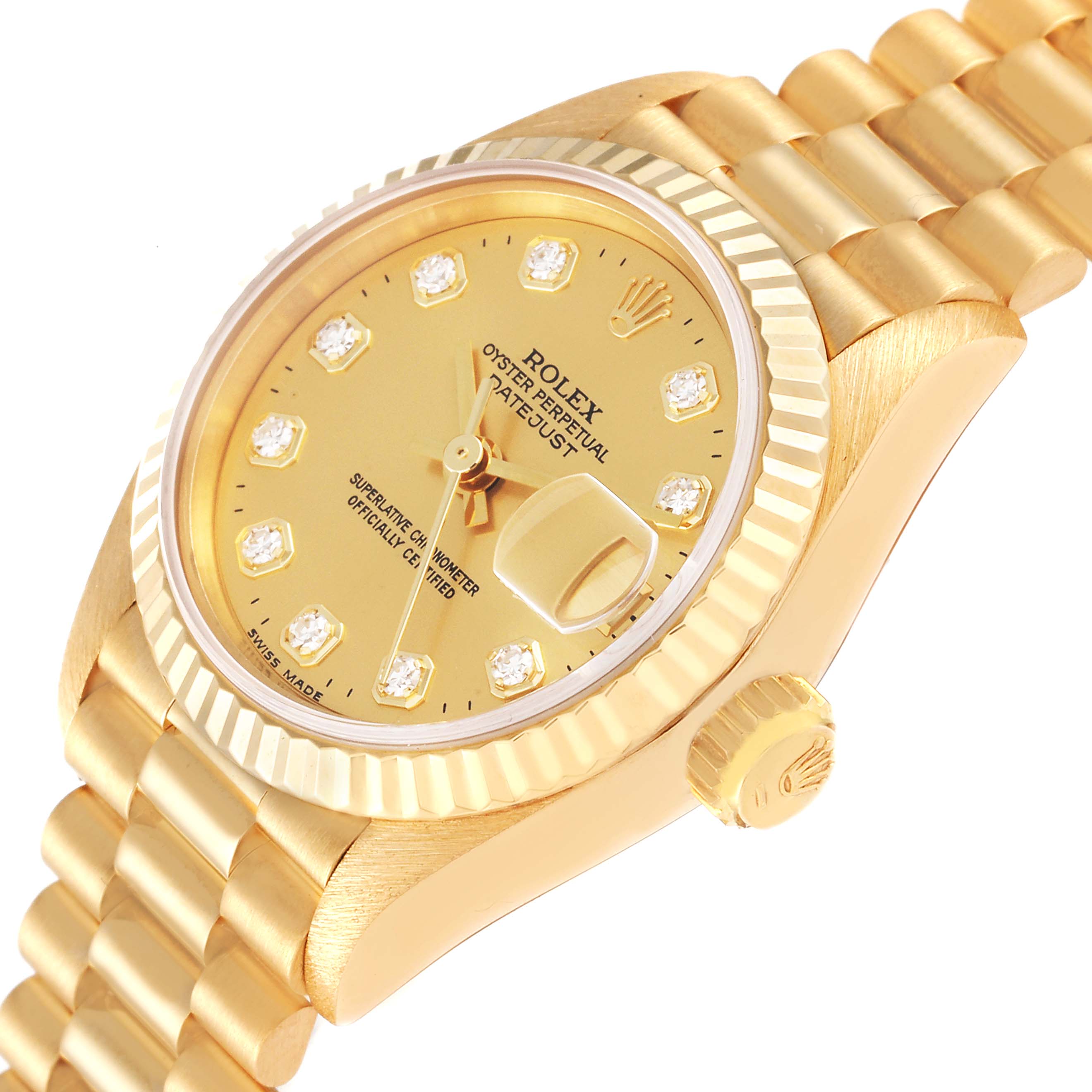 The image shows the Rolex President 69178 Women
s Yellow Gold Champagne Dial 69178 Women
s Yellow Gold Champagne Dial model watch from a slight side angle, displaying the dial, crown, and part of the bracelet.