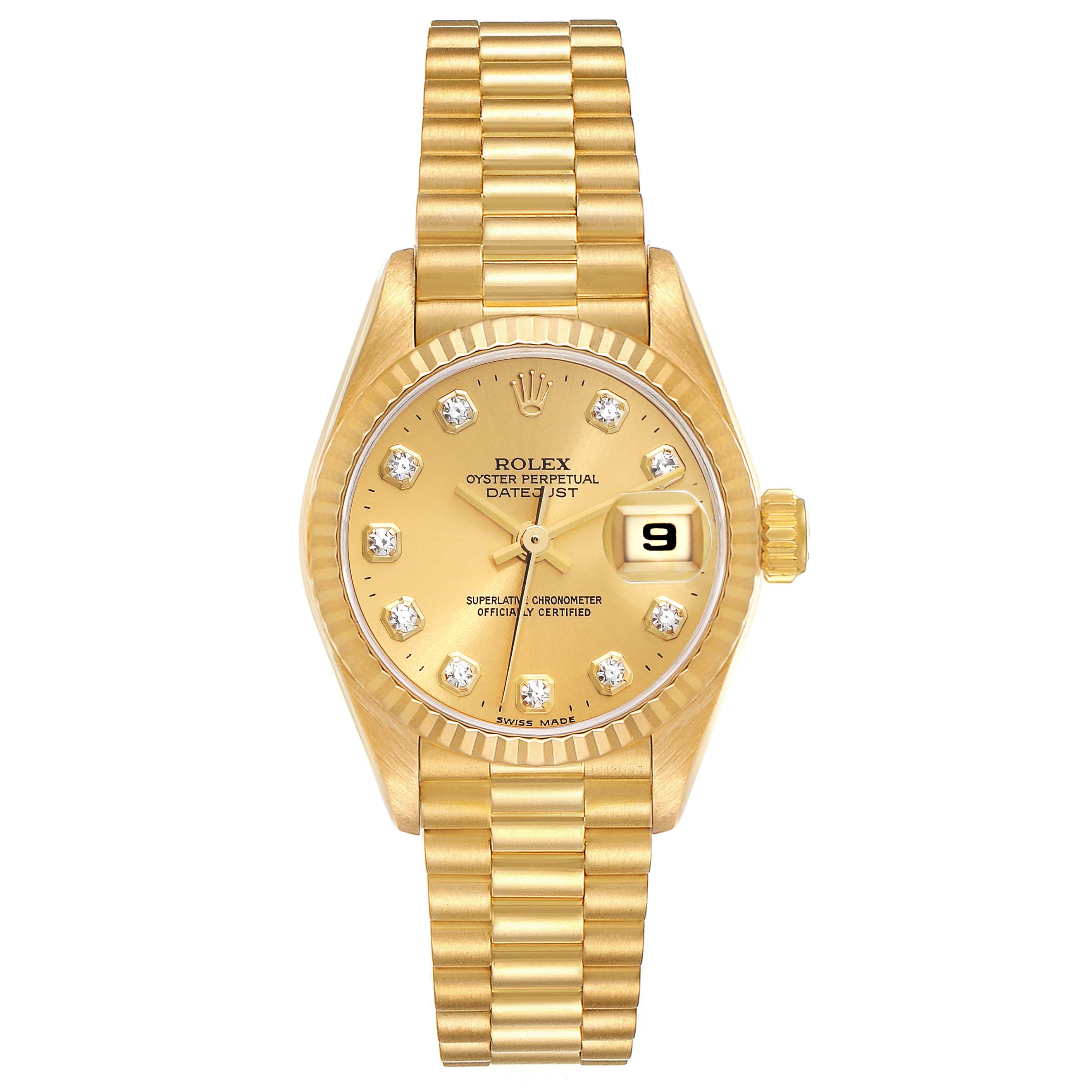This image shows the front view of a gold Rolex President 69178 Women
s Yellow Gold Champagne Dial 69178 Women
s Yellow Gold Champagne Dial model watch, clearly displaying the dial, bracelet, and date.