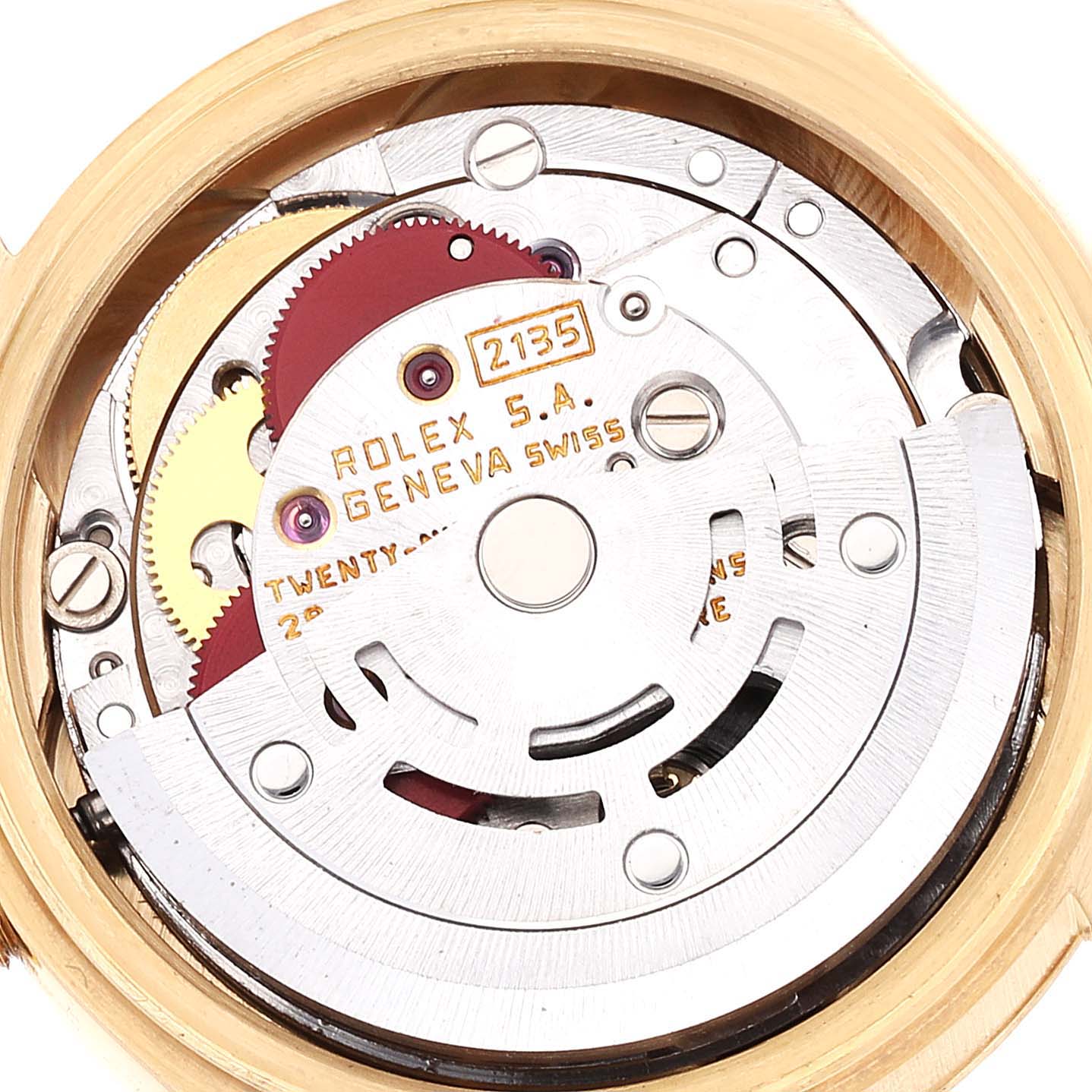 The image shows the internal mechanism of the Rolex President 69178 Women
s Yellow Gold Champagne Dial 69178 Women
s Yellow Gold Champagne Dial model watch viewed from the back.
