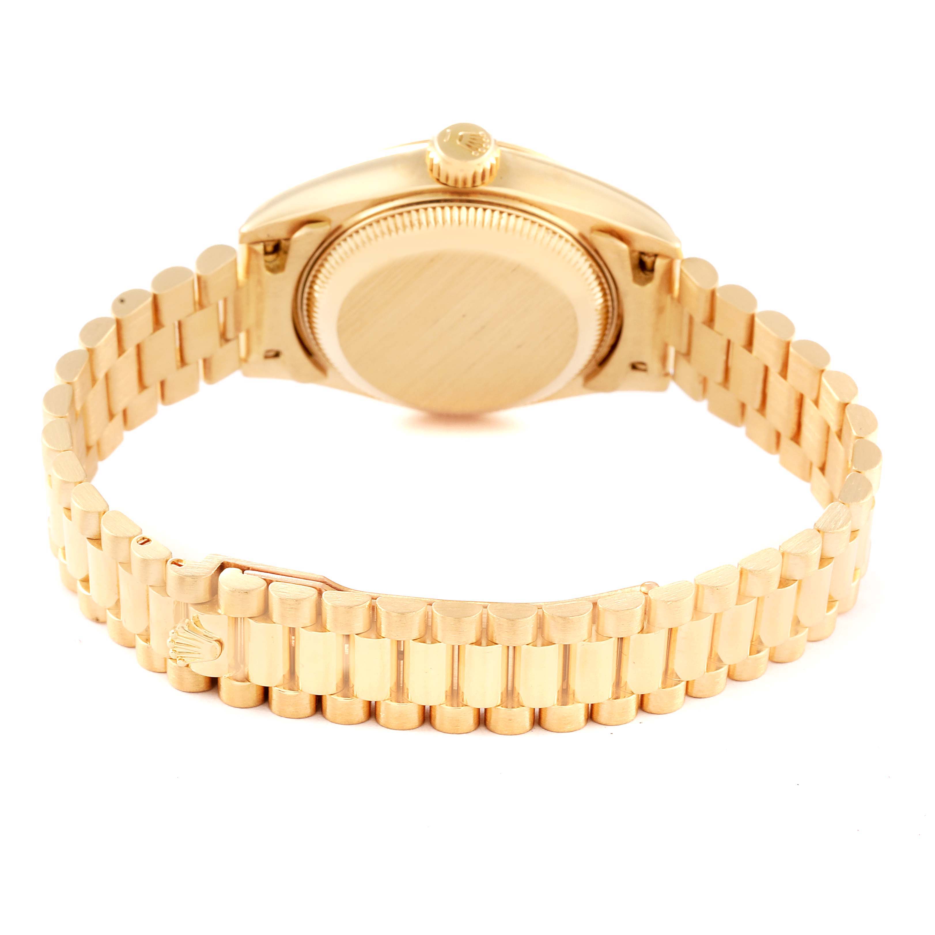 The image shows the backside and bracelet of a Rolex President 69178 Women
s Yellow Gold Champagne Dial 69178 Women
s Yellow Gold Champagne Dial model watch.