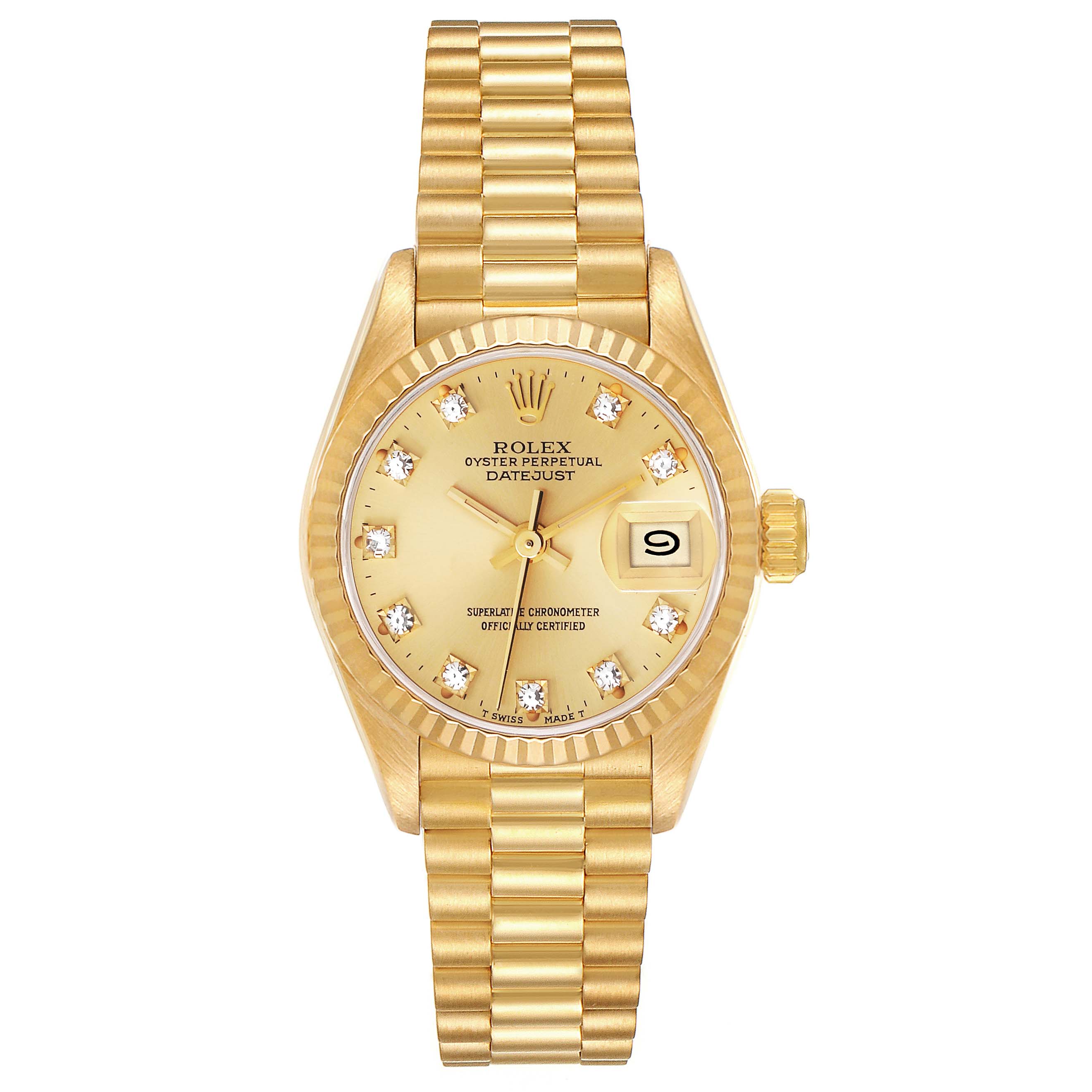 The image shows a front view of a Rolex President 69178 Women
s Yellow Gold Champagne Dial 69178 Women
s Yellow Gold Champagne Dial Datejust watch, featuring its gold case, bracelet, and diamond markers.