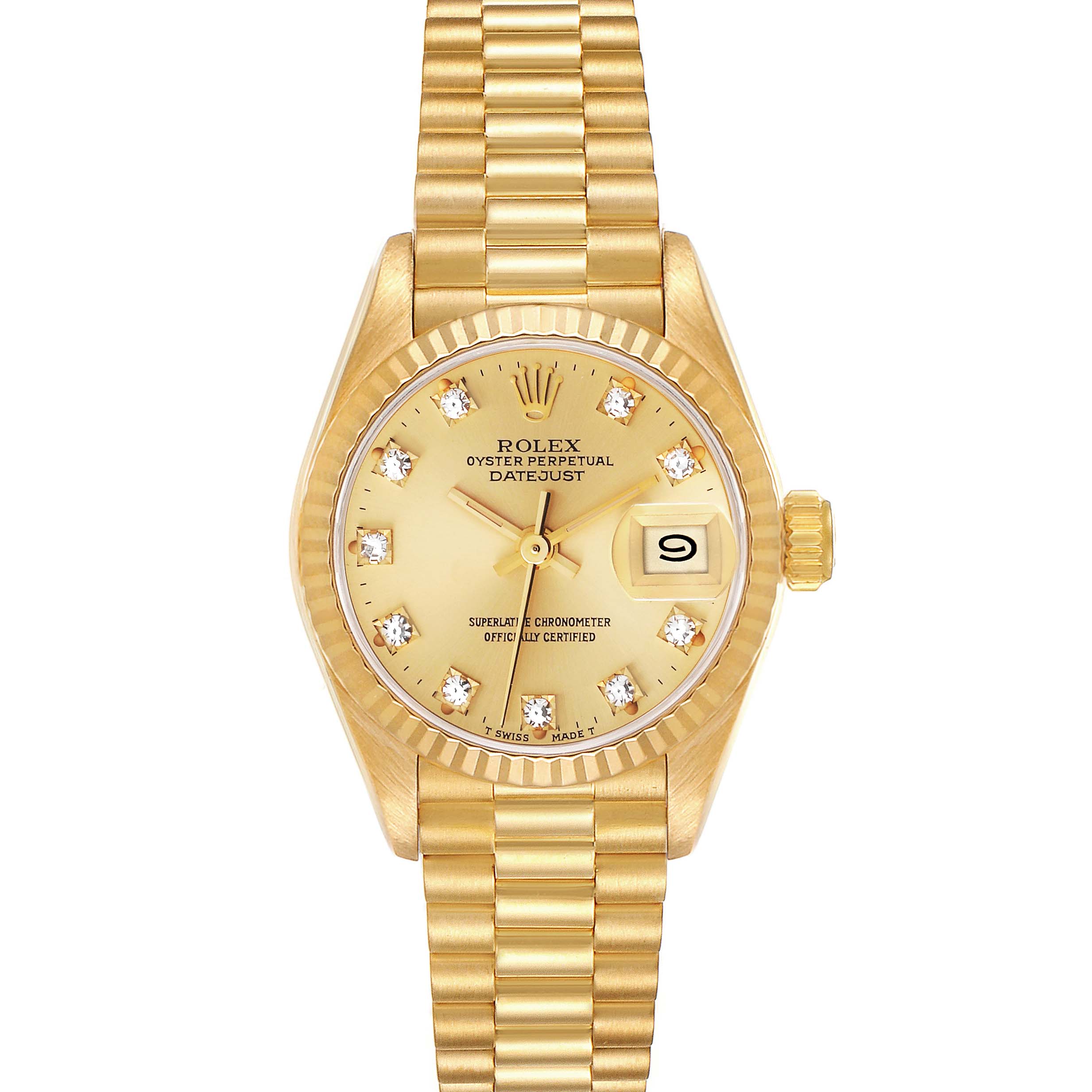 This is a front view of a Rolex President 69178 Women
s Yellow Gold Champagne Dial 69178 Women
s Yellow Gold Champagne Dial model watch, showcasing the dial, hands, date window, and bracelet.