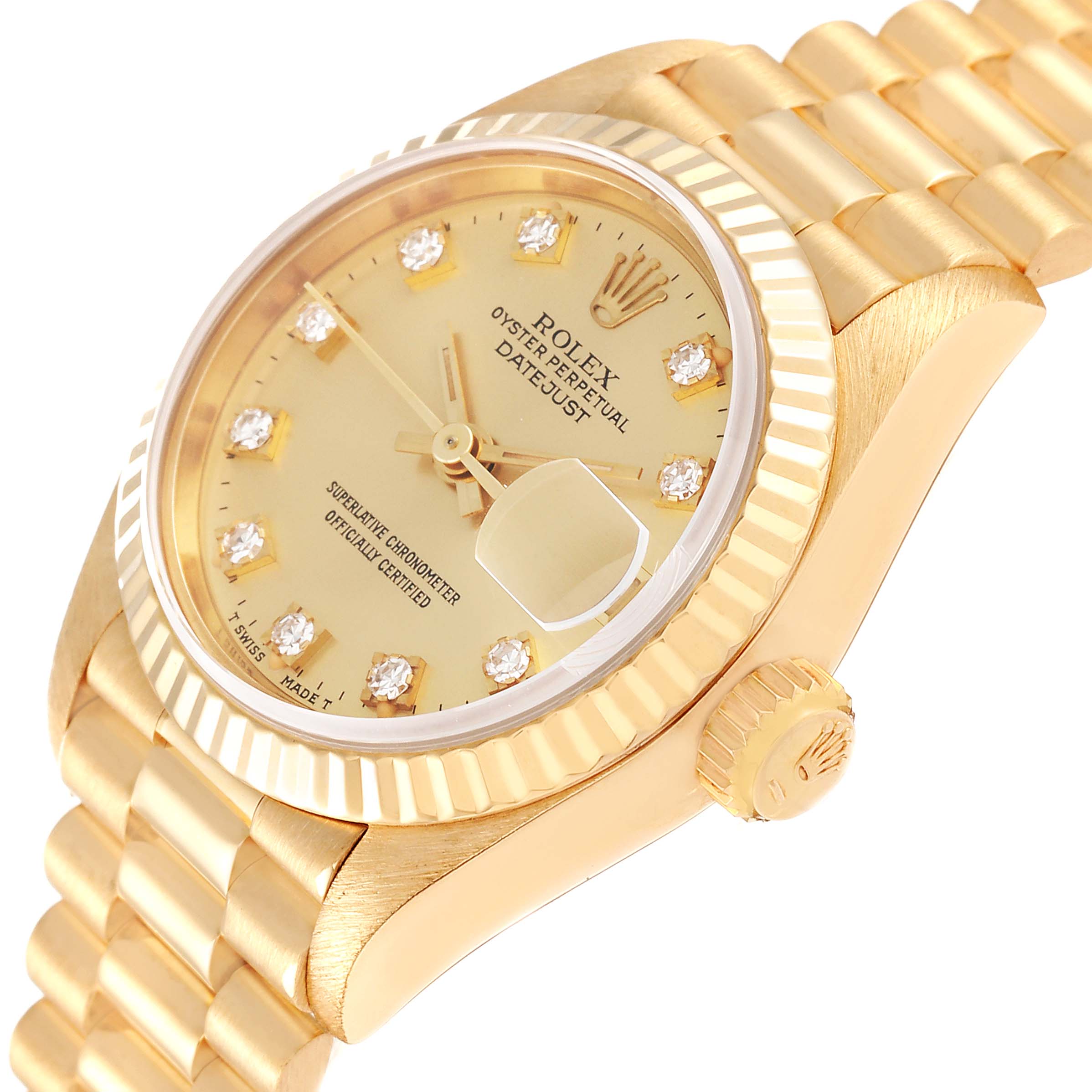 This image shows a close-up angle of a Rolex President 69178 Women
s Yellow Gold Champagne Dial 69178 Women
s Yellow Gold Champagne Dial watch, highlighting the dial, bezel, crown, and part of the bracelet.
