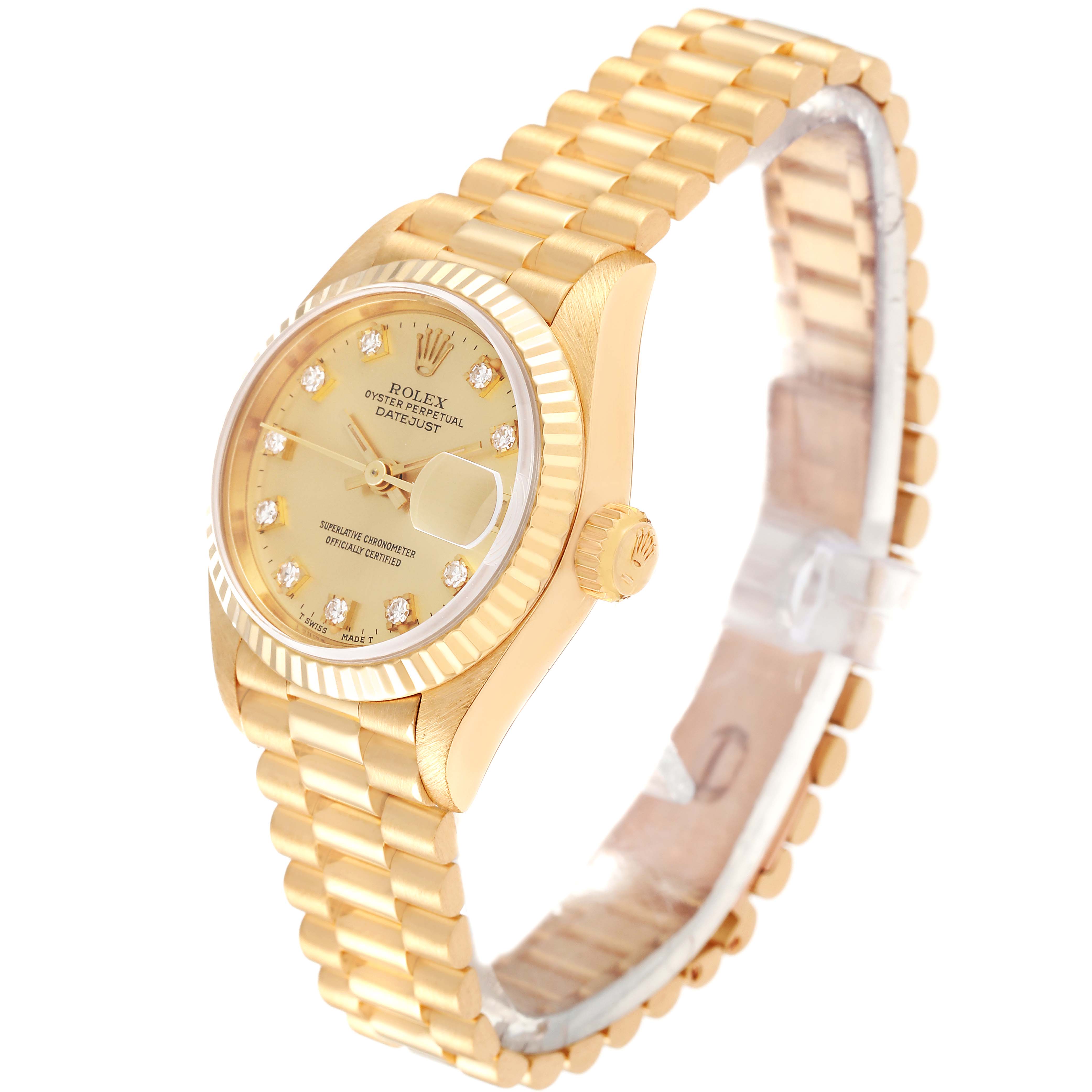The Rolex President 69178 Women
s Yellow Gold Champagne Dial 69178 Women
s Yellow Gold Champagne Dial model watch is shown at a slight angle, displaying its gold bracelet, crown, and diamond-set dial.