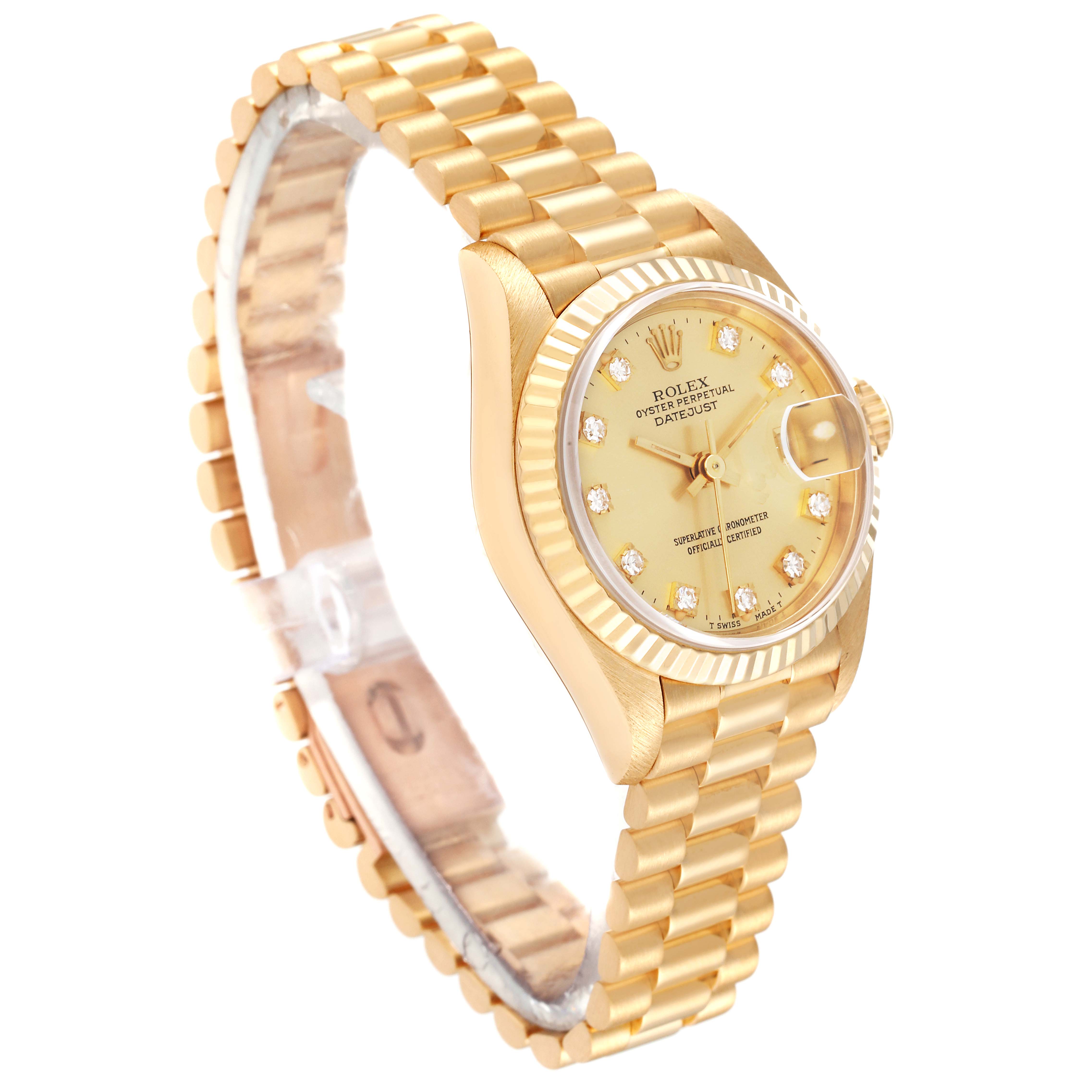 The Rolex President 69178 Women
s Yellow Gold Champagne Dial 69178 Women
s Yellow Gold Champagne Dial model watch is shown at a three-quarter angle, highlighting its gold bracelet, crown, and diamond-accented dial.