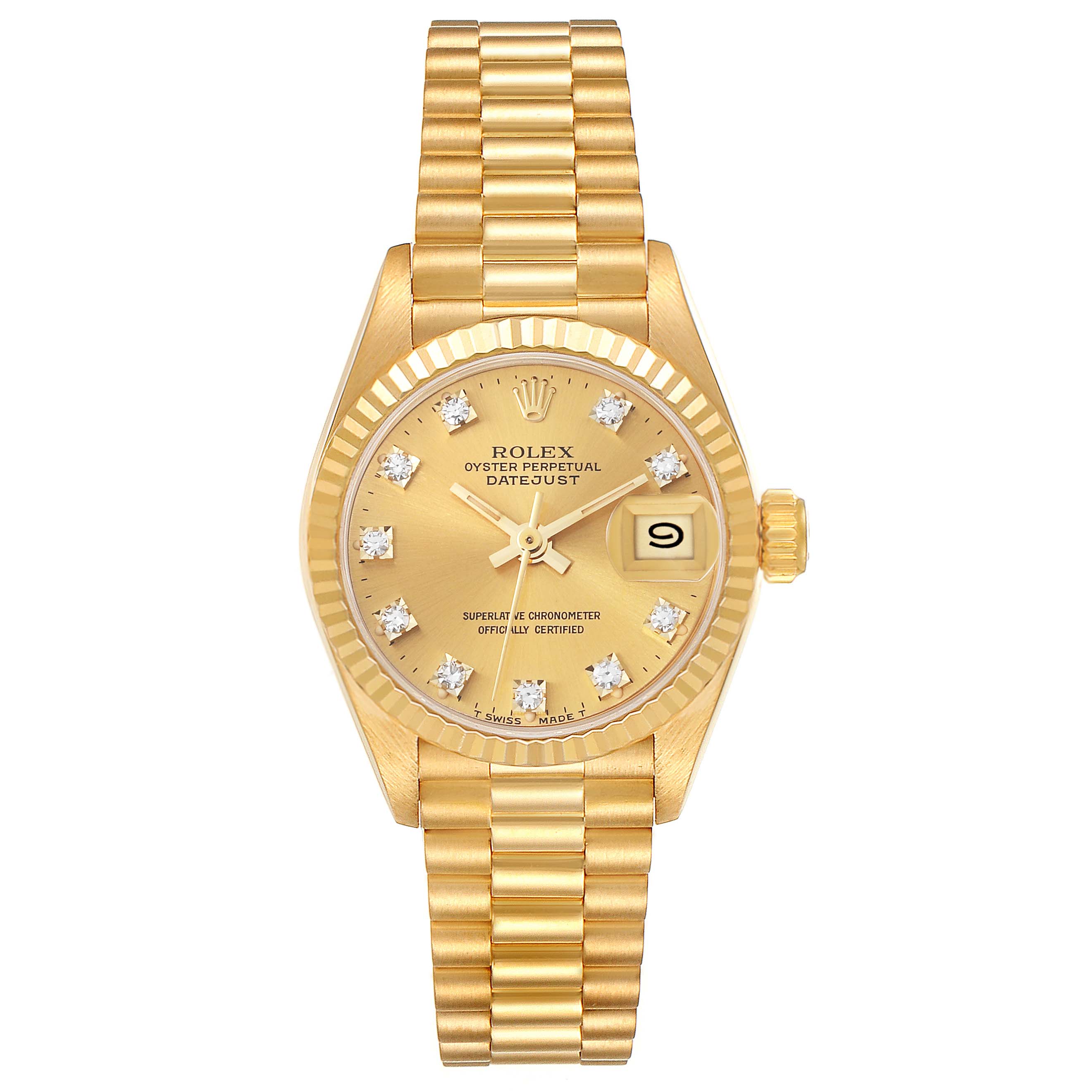The image shows a frontal view of the Rolex President 69178 Women
s Yellow Gold Champagne Dial 69178 Women
s Yellow Gold Champagne Dial Datejust watch with a gold dial and bracelet.