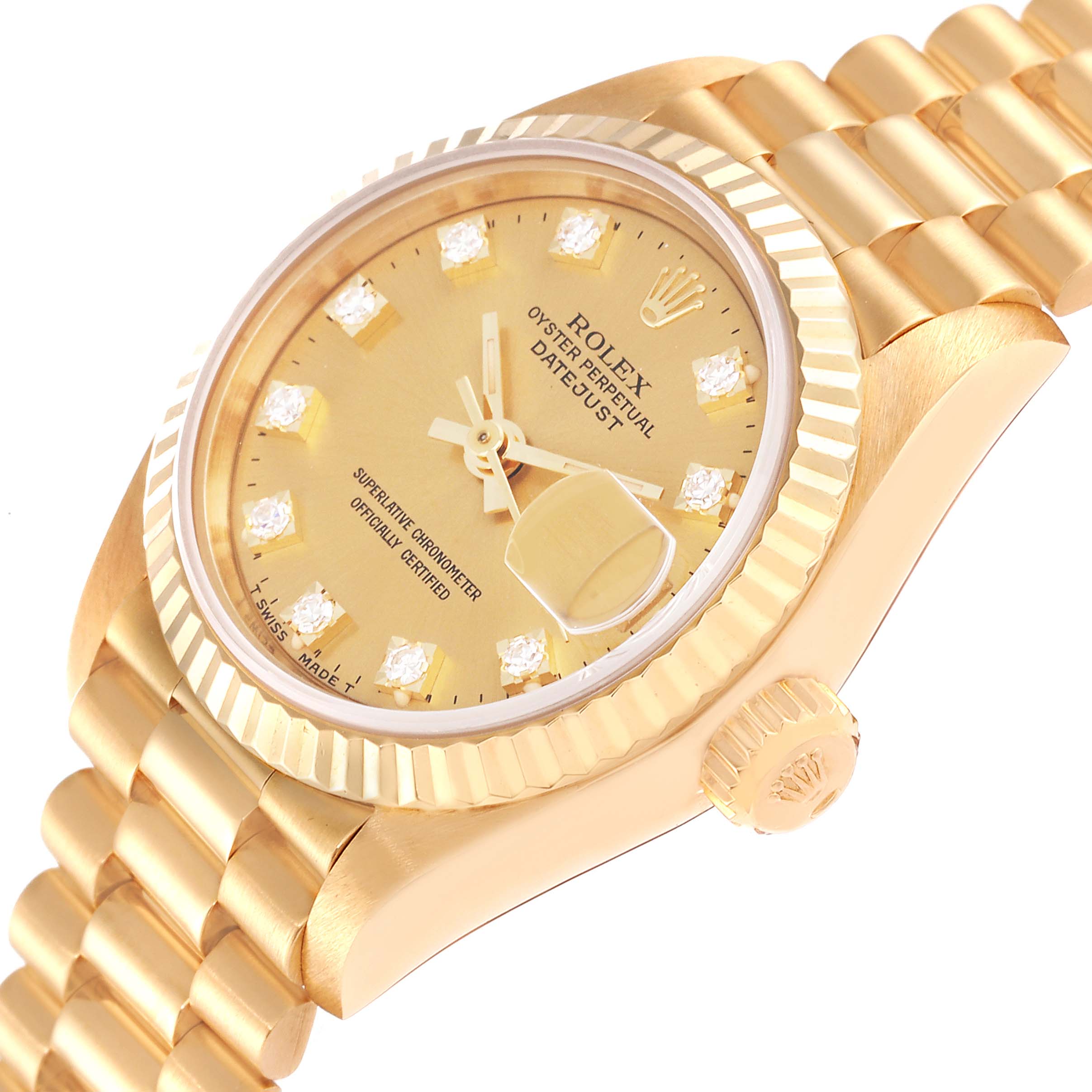 A Rolex President 69178 Women
s Yellow Gold Champagne Dial 69178 Women
s Yellow Gold Champagne Dial model watch is shown at a three-quarters angle, highlighting the dial, fluted bezel, crown, and bracelet.
