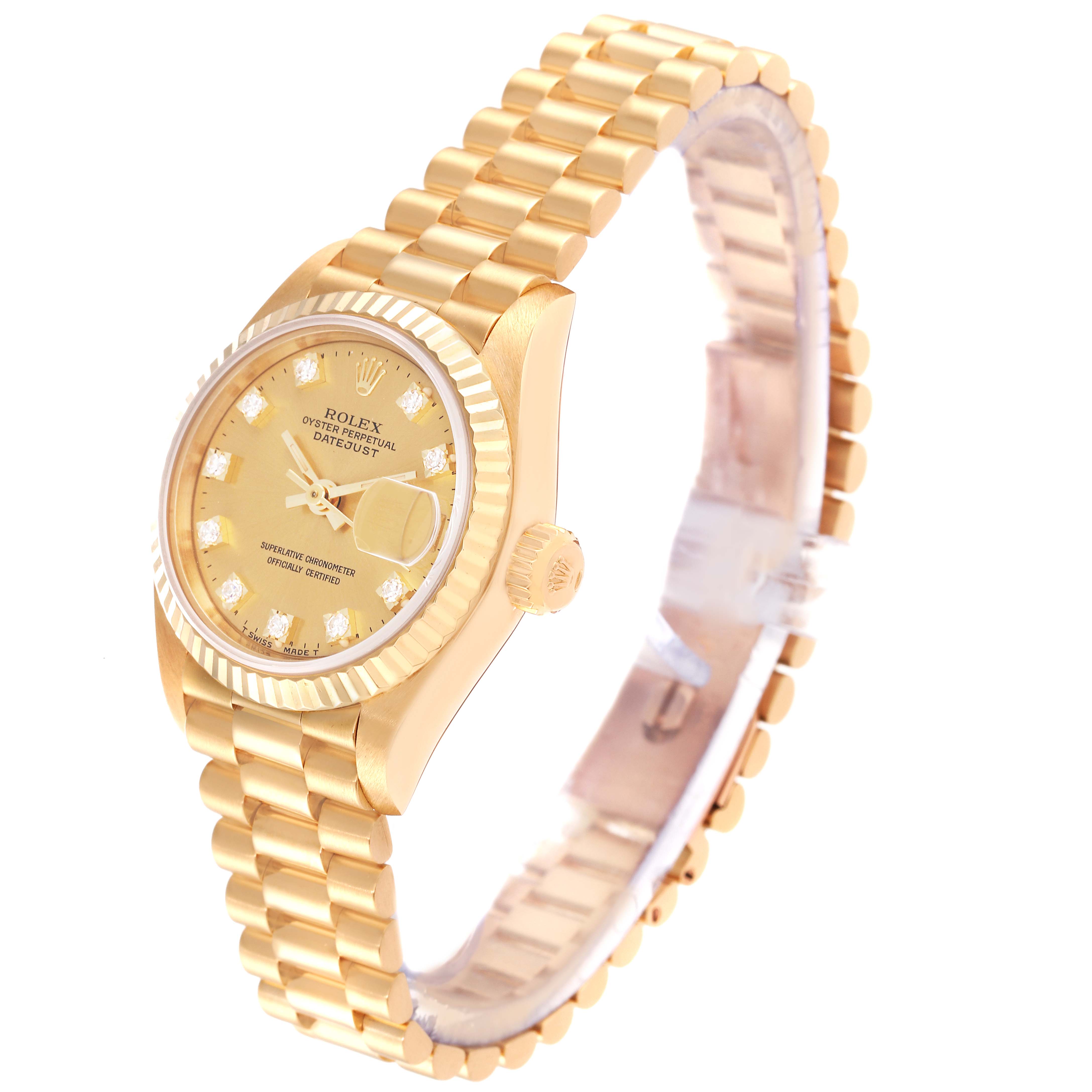 The Rolex President 69178 Women
s Yellow Gold Champagne Dial 69178 Women
s Yellow Gold Champagne Dial model watch is shown at a three-quarter angle, highlighting the bracelet, dial, and crown.