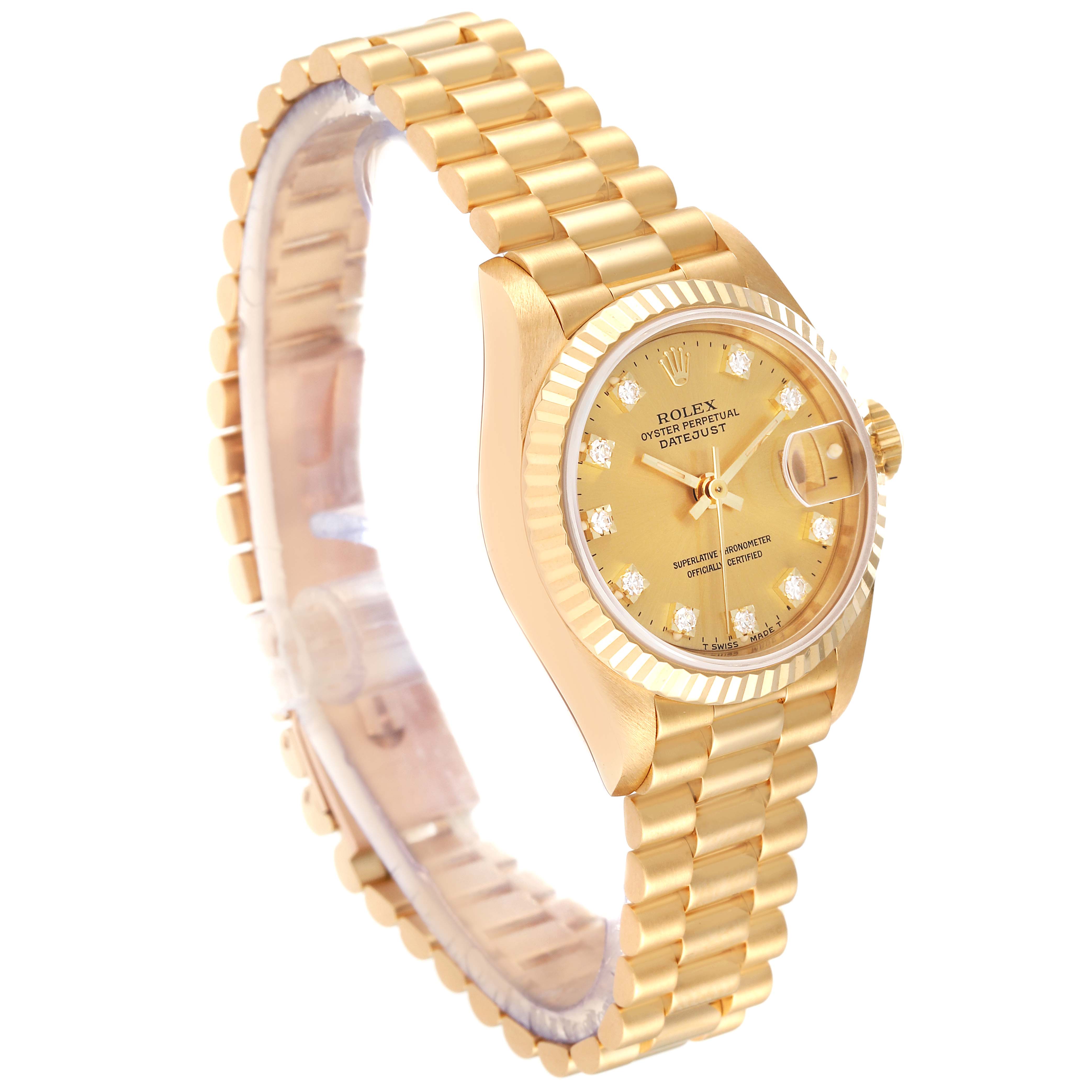 This image shows a side and partial frontal view of a Rolex President 69178 Women
s Yellow Gold Champagne Dial 69178 Women
s Yellow Gold Champagne Dial model watch, highlighting its gold bracelet and diamond hour markers.
