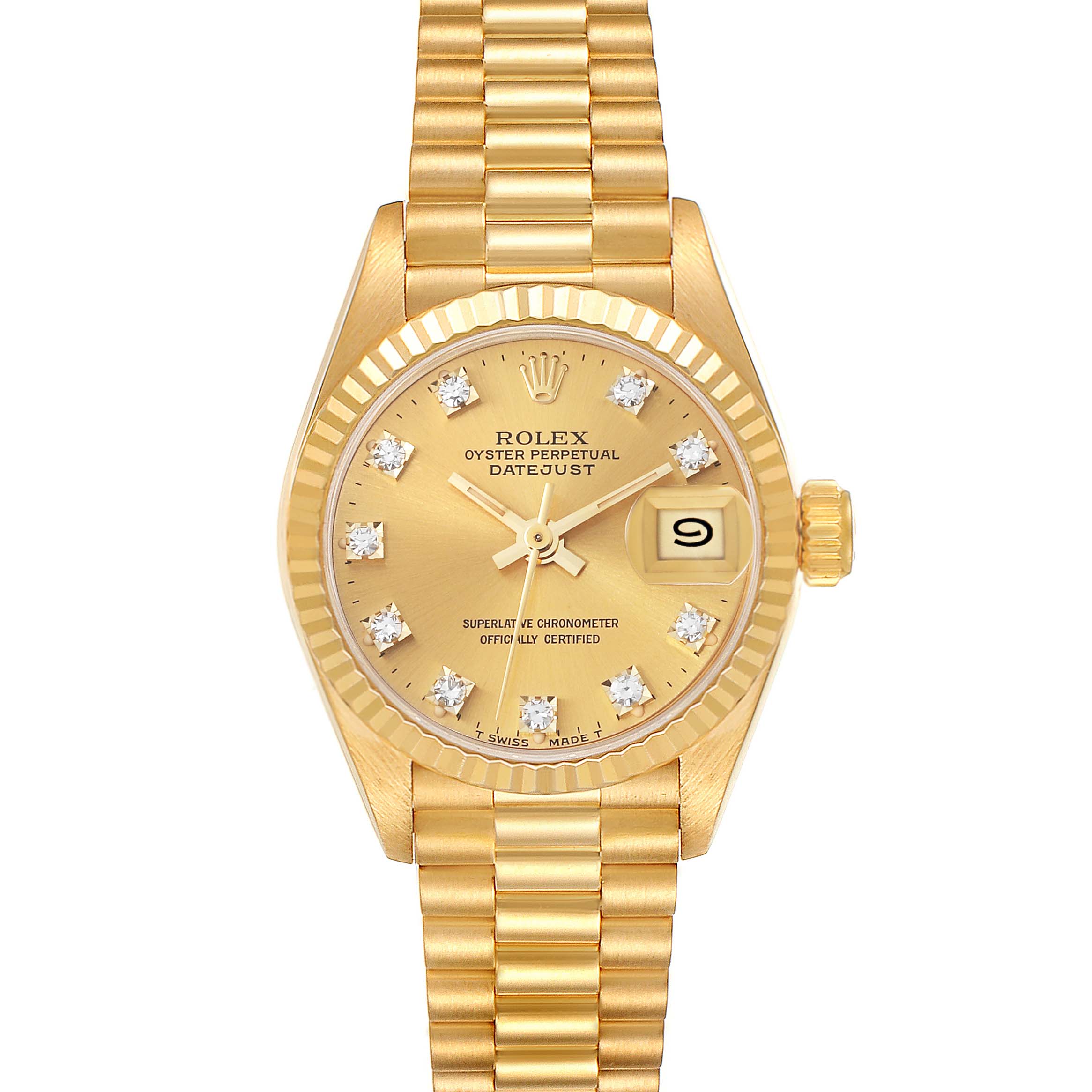 This Rolex President 69178 Women
s Yellow Gold Champagne Dial 69178 Women
s Yellow Gold Champagne Dial model watch is shown from a top-down angle, displaying the dial, bezel, and part of the bracelet.
