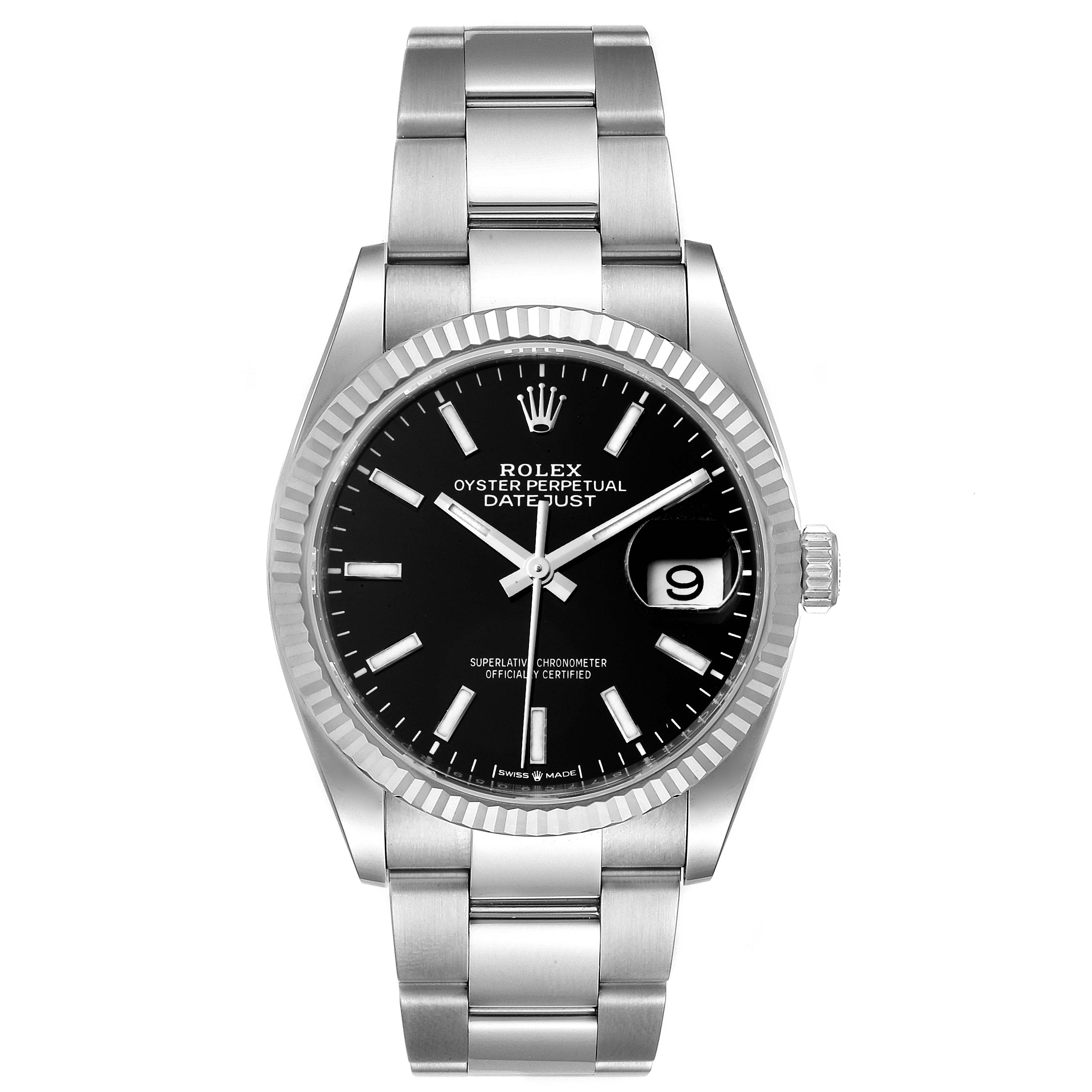 The image shows a front view of a Rolex Datejust 126234 Men
s Stainless Steel Black Dial 126234 Men
s Stainless Steel Black Dial watch, displaying its face, bezel, crown, and bracelet.