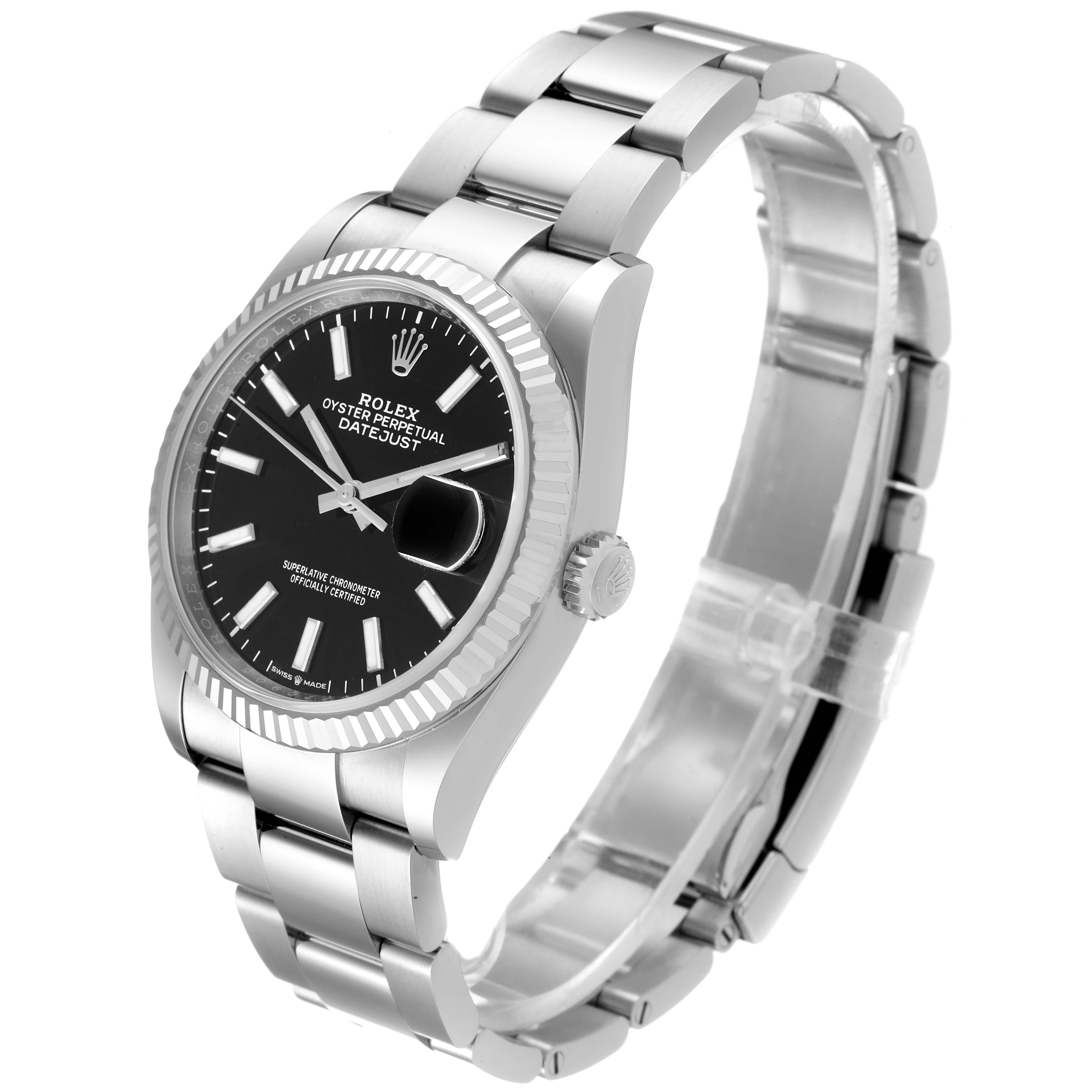 The Rolex Datejust 126234 Men
s Stainless Steel Black Dial 126234 Men
s Stainless Steel Black Dial watch is shown at a three-quarter angle, highlighting the black dial, fluted bezel, and silver link bracelet.