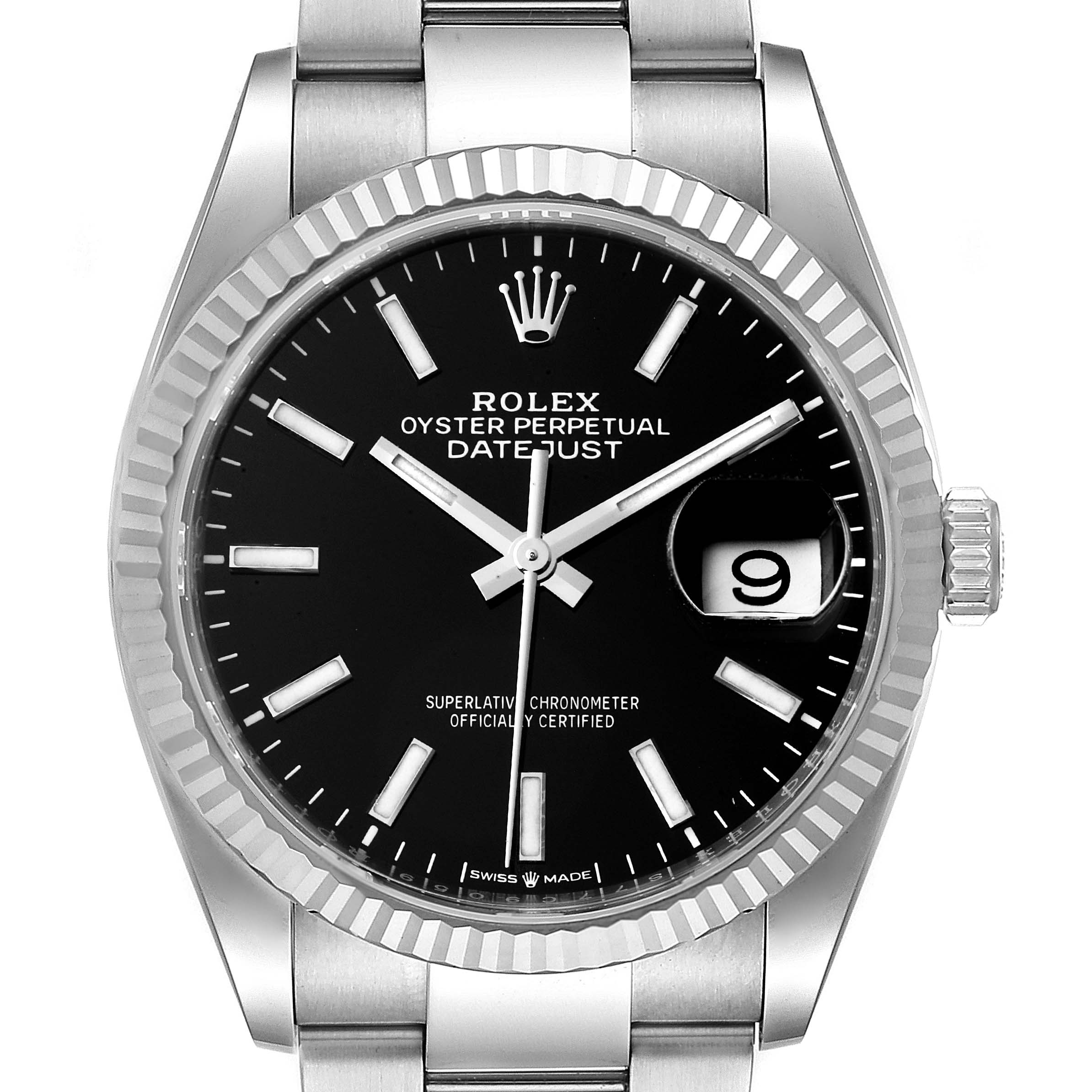 This image displays a front view of the Rolex Datejust 126234 Men
s Stainless Steel Black Dial 126234 Men
s Stainless Steel Black Dial watch, featuring its black dial, fluted bezel, and Cyclops date window.
