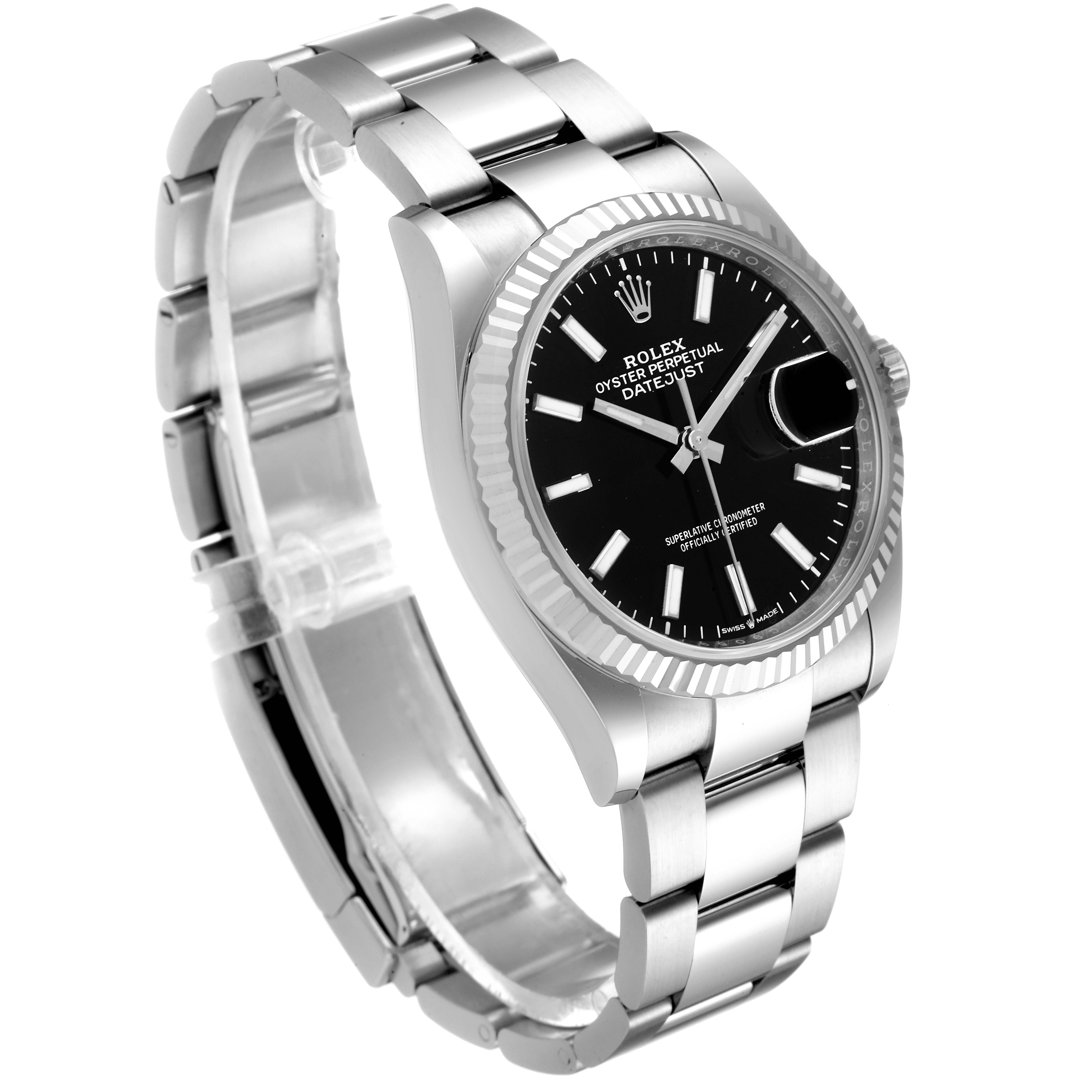 The image shows a Rolex Datejust 126234 Men
s Stainless Steel Black Dial 126234 Men
s Stainless Steel Black Dial watch at an angled side view, highlighting its bezel, dial, and metal bracelet.