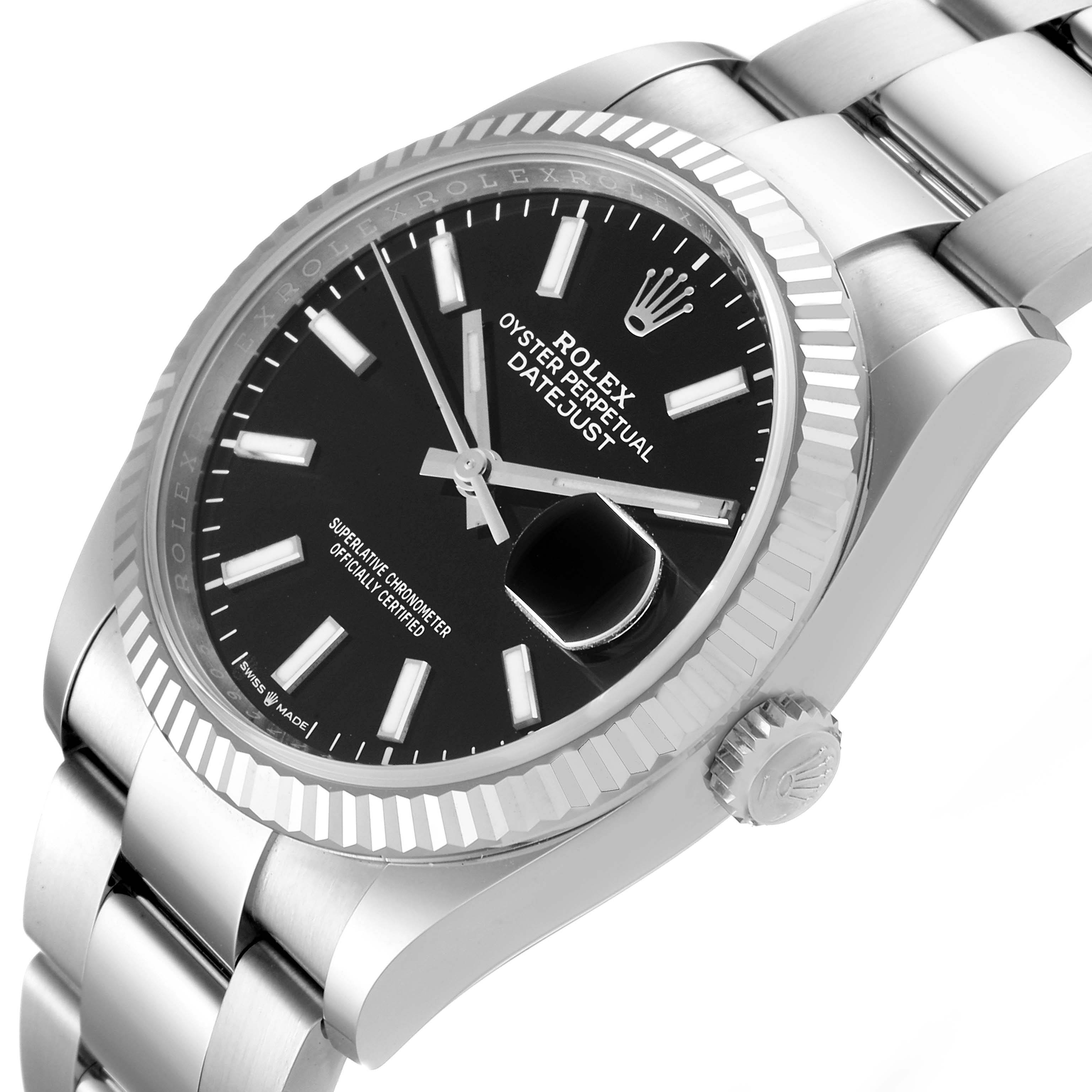 The image shows a close-up angle of a Rolex Datejust 126234 Men
s Stainless Steel Black Dial 126234 Men
s Stainless Steel Black Dial watch, focusing on the black dial, fluted bezel, and part of the bracelet.