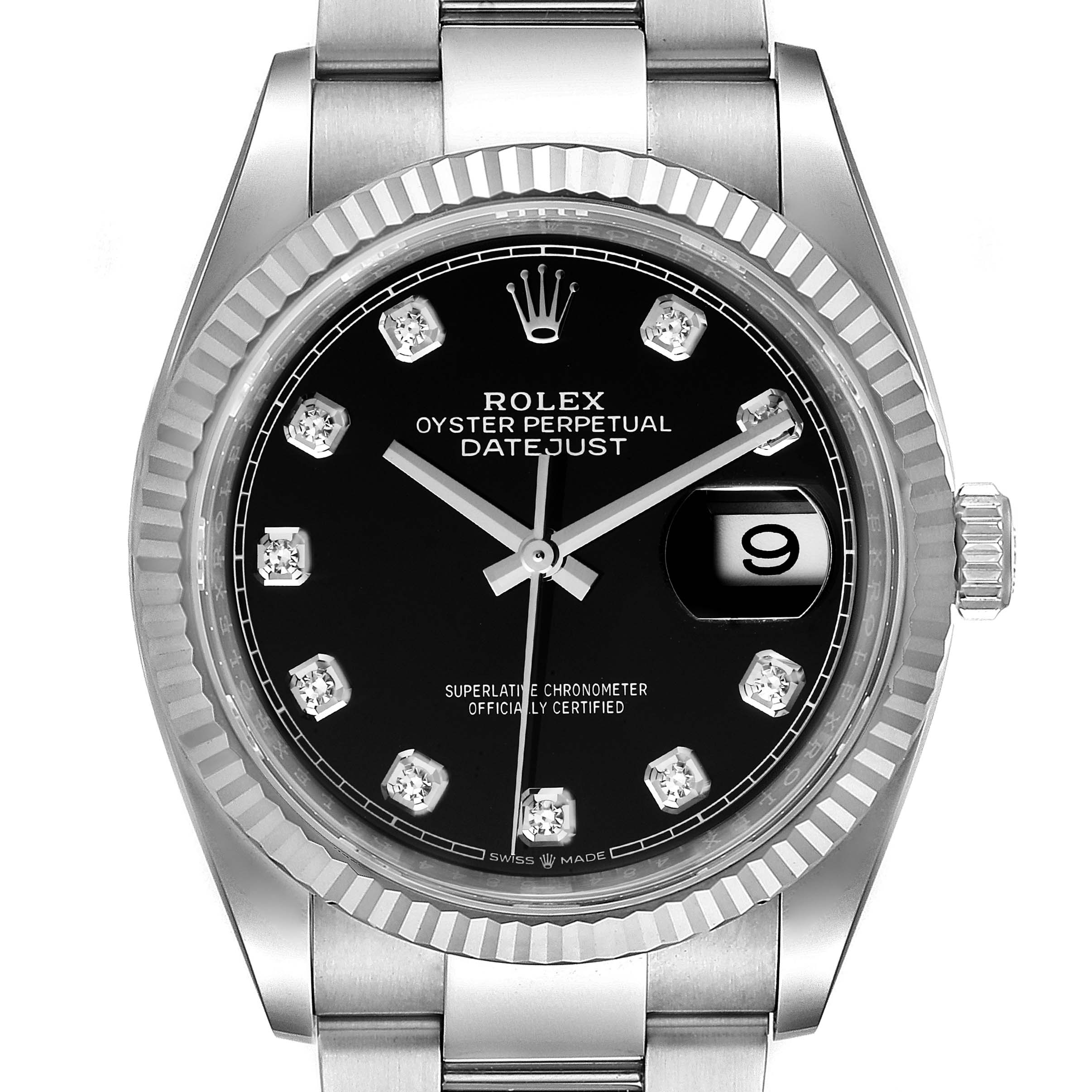 This image shows a front view of a Rolex Datejust 126234 Men
s Stainless Steel Black Dial 126234 Men
s Stainless Steel Black Dial, highlighting the black dial, hands, date window, and diamond hour markers.