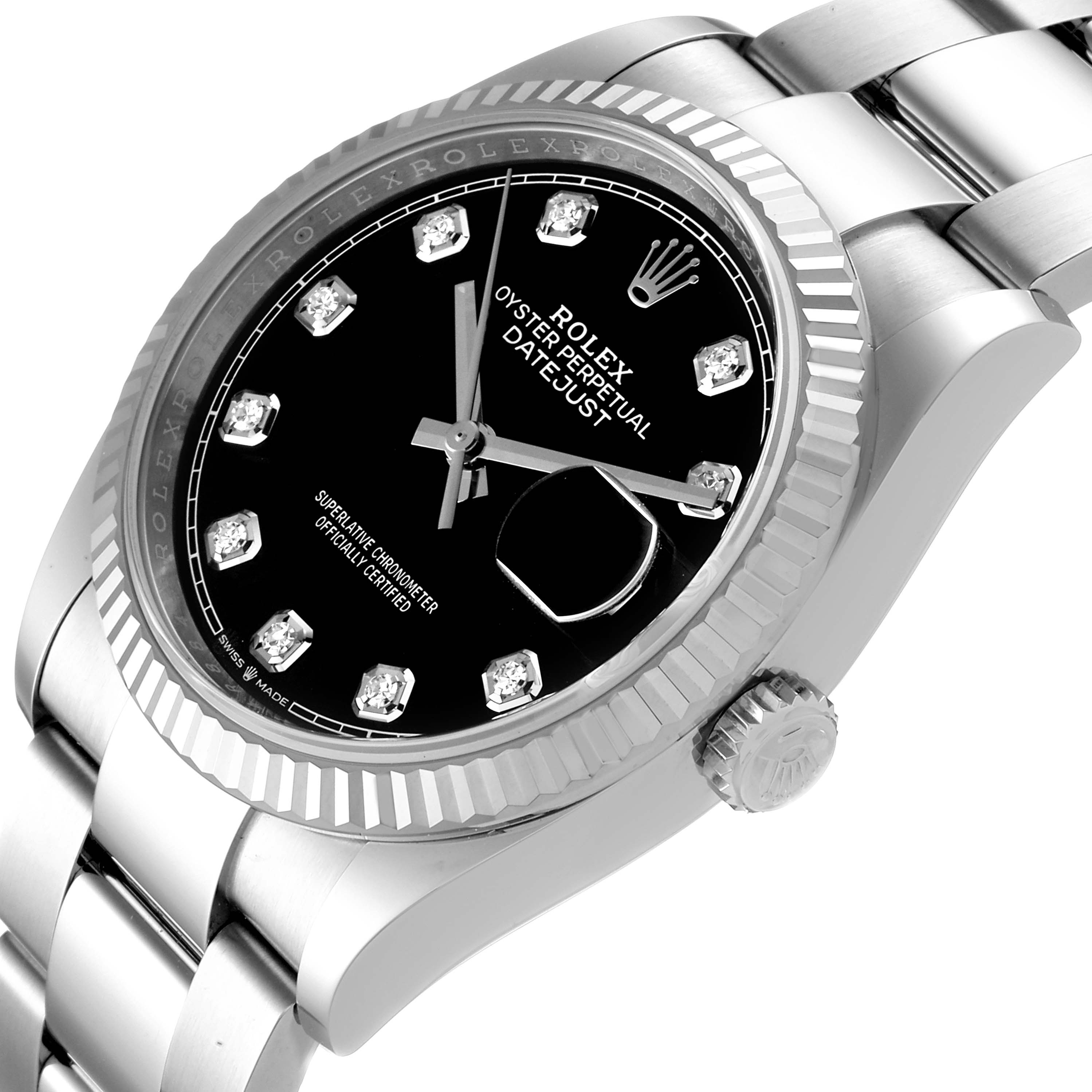 The image shows a close-up angle of a Rolex Datejust 126234 Men
s Stainless Steel Black Dial 126234 Men
s Stainless Steel Black Dial watch, displaying its dial, bezel, crown, and bracelet.