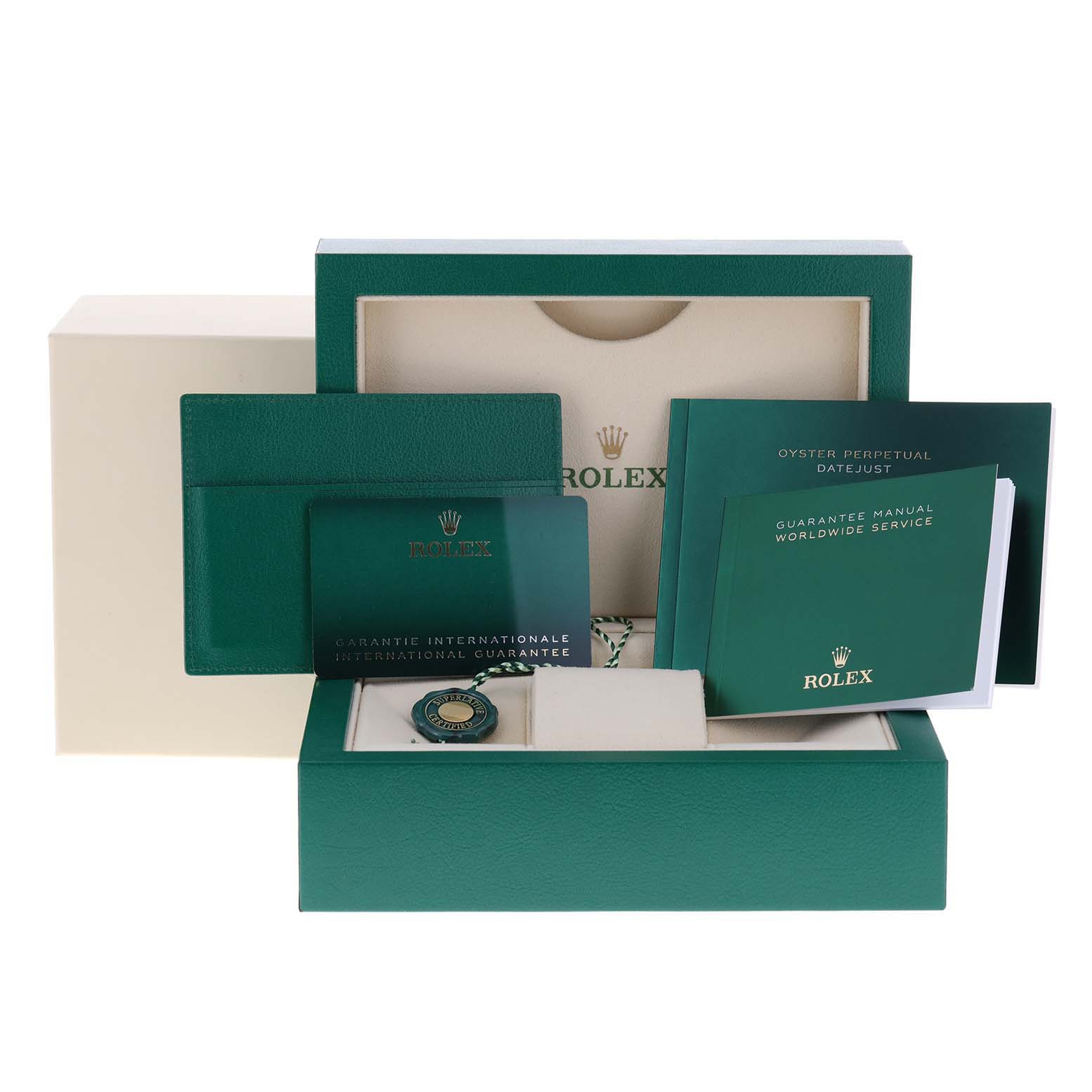 The image shows the packaging and accessories for a Rolex Datejust 126234 Men
s Stainless Steel Black Dial 126234 Men
s Stainless Steel Black Dial watch, including manuals, a guarantee card, and a box.