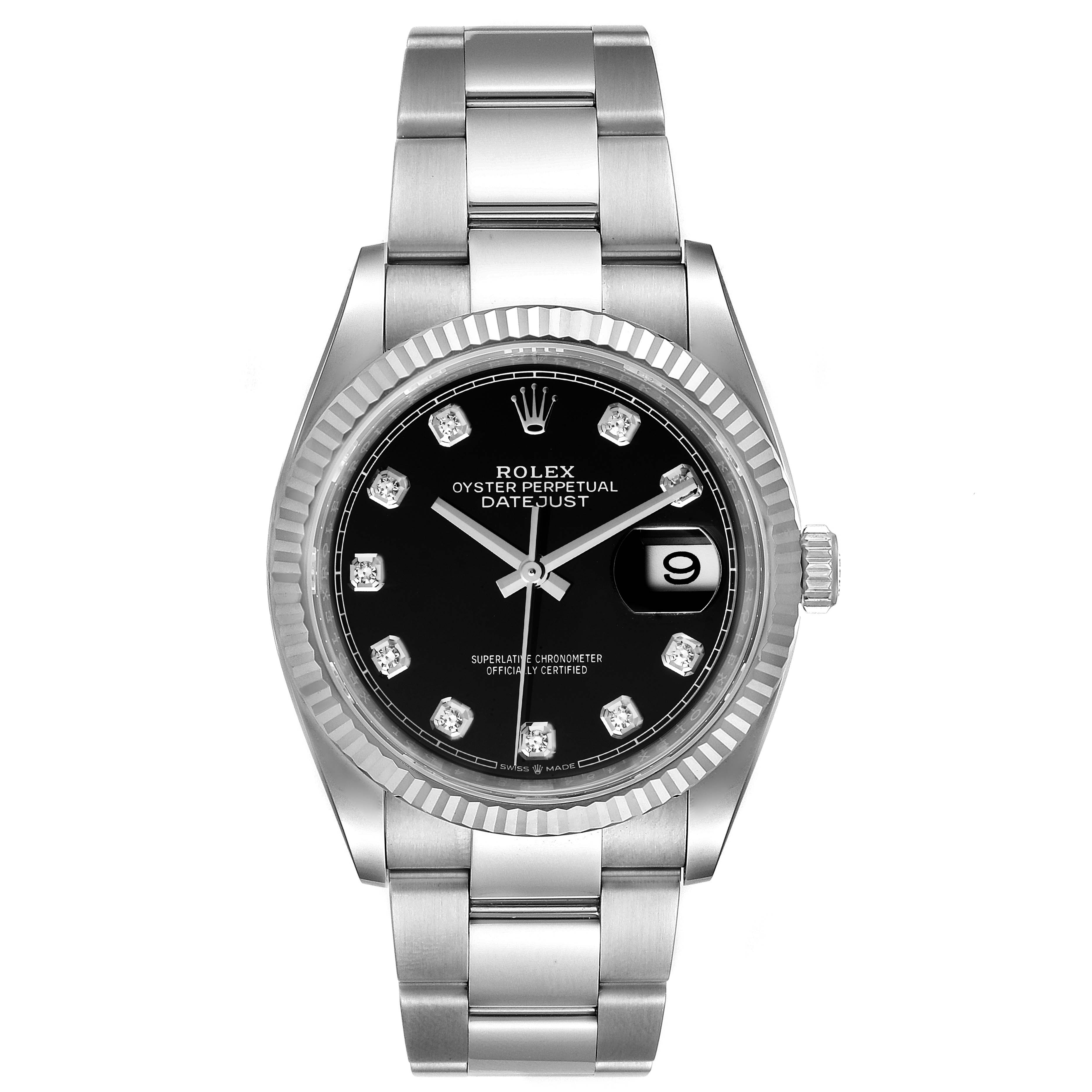 This image shows a frontal view of a Rolex Datejust 126234 Men
s Stainless Steel Black Dial 126234 Men
s Stainless Steel Black Dial watch, displaying the dial, bezel, bracelet, crown, and date window.