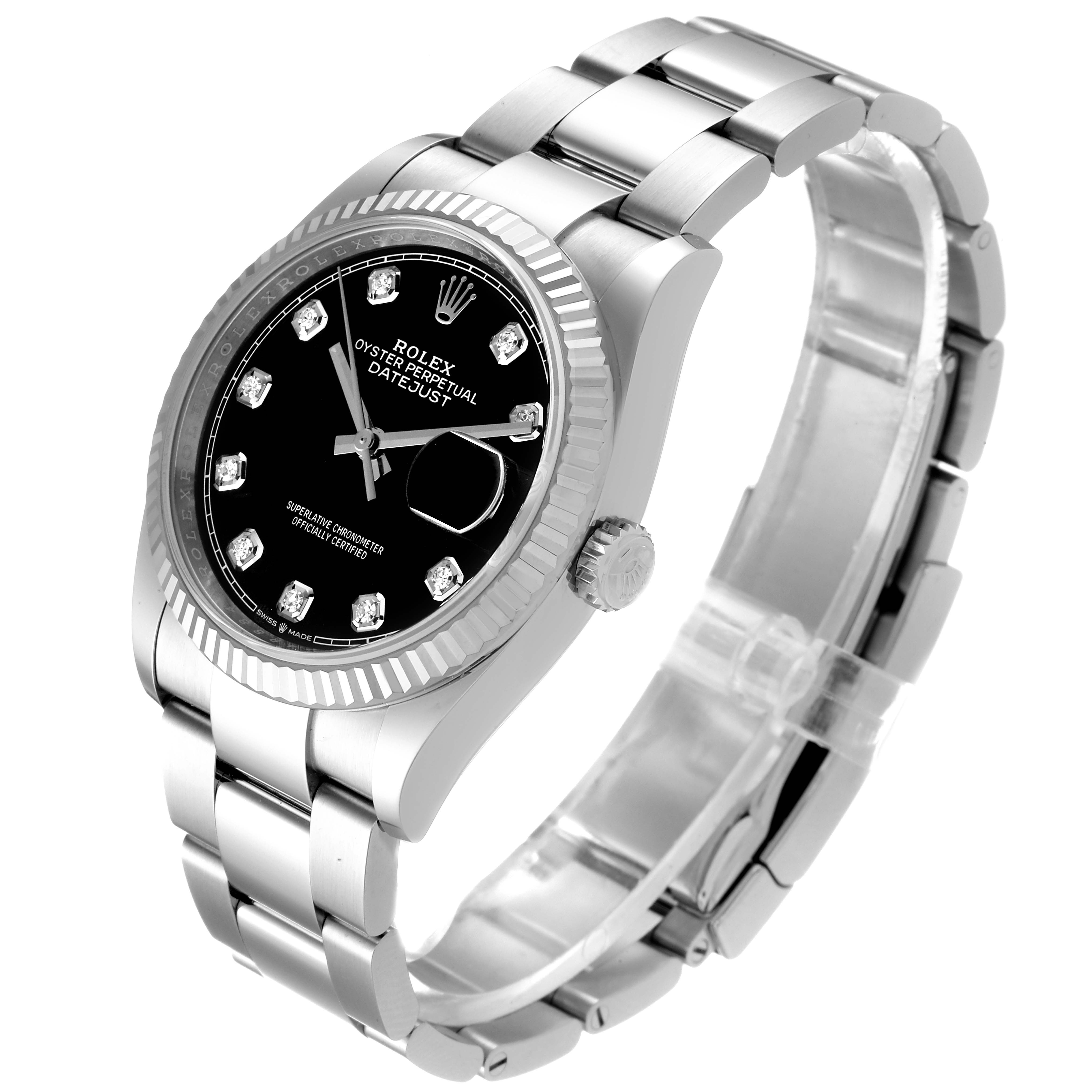 The image shows a Rolex Datejust 126234 Men
s Stainless Steel Black Dial 126234 Men
s Stainless Steel Black Dial watch at an angle, highlighting its black dial, fluted bezel, and stainless steel bracelet.