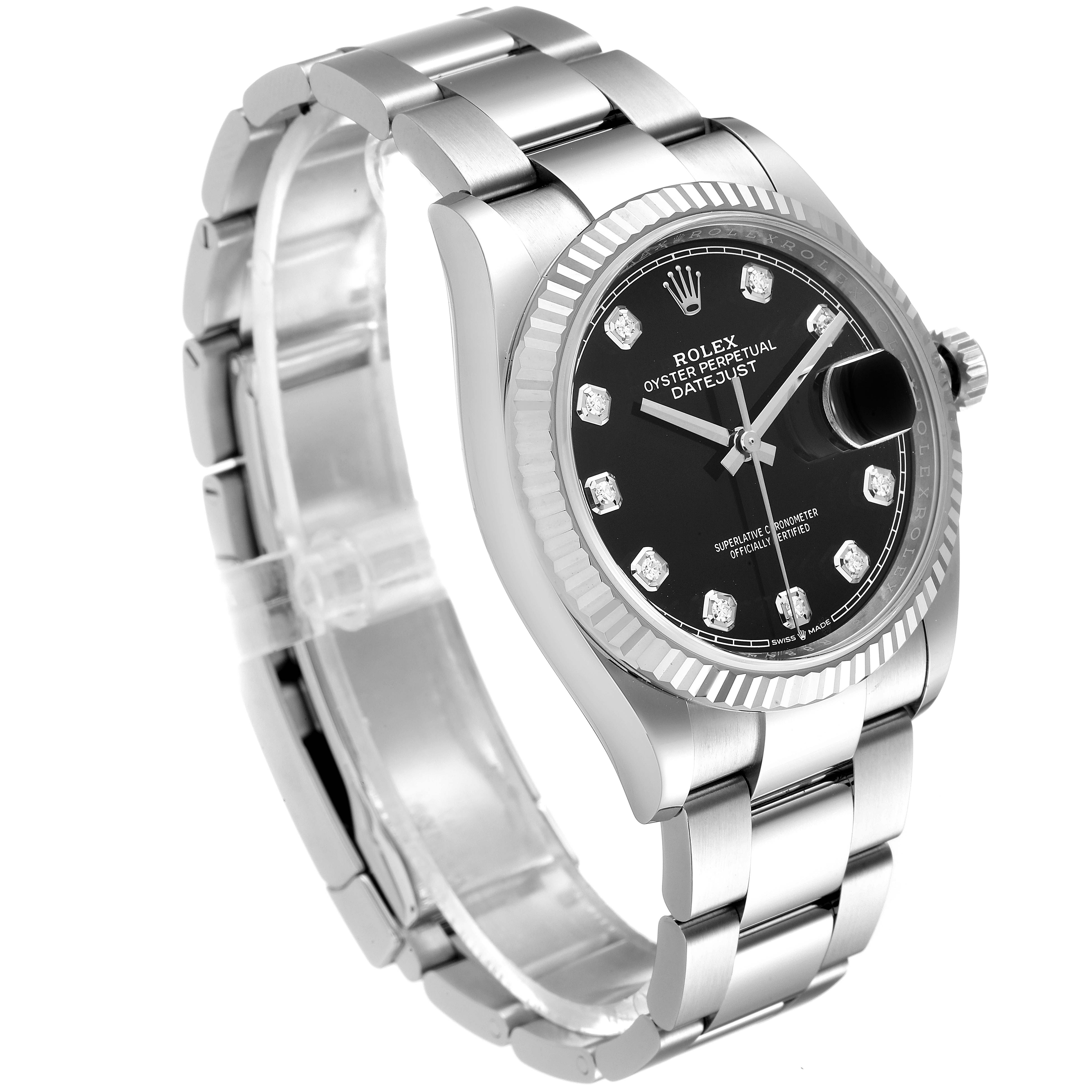 The image shows the Rolex Datejust 126234 Men
s Stainless Steel Black Dial 126234 Men
s Stainless Steel Black Dial watch from an angled front view, highlighting its dial, bracelet, and case.