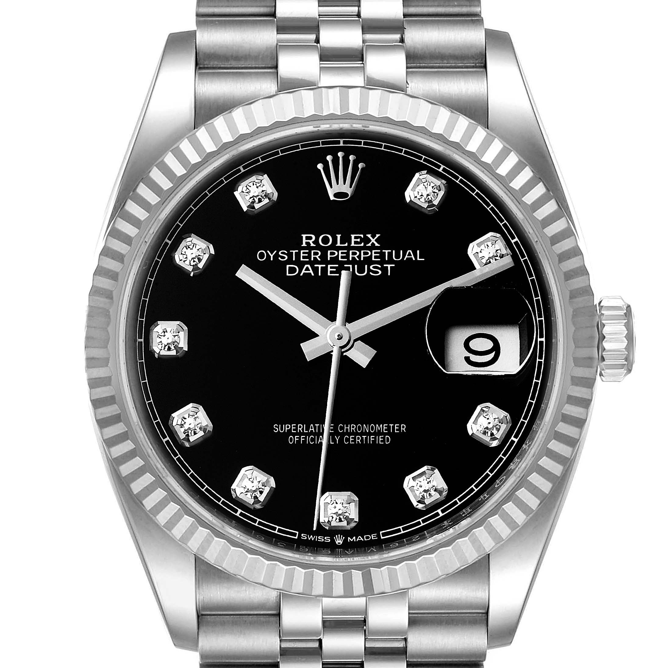 The image shows a front view of a Rolex Datejust 126234 Men
s Stainless Steel Black Dial 126234 Men
s Stainless Steel Black Dial watch, highlighting the bezel, dial, hour markers, and part of the bracelet.