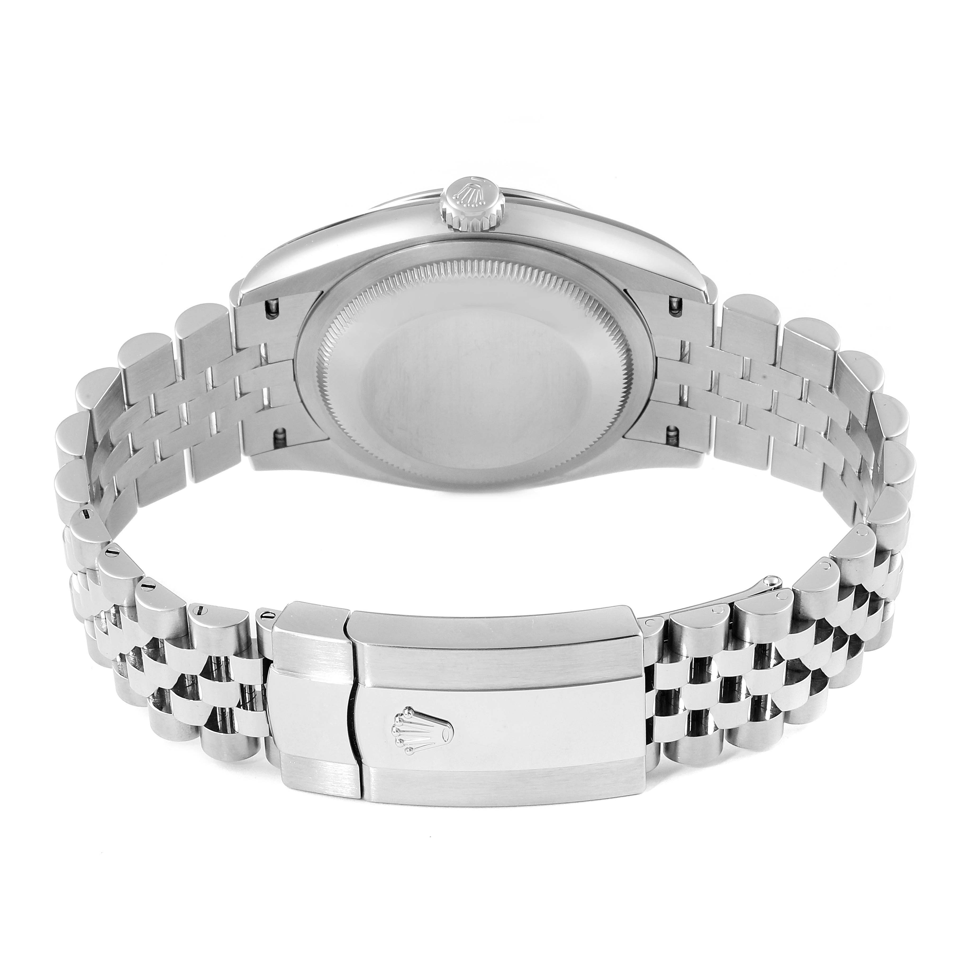 The image shows the backside of a Rolex Datejust 126234 Men
s Stainless Steel Black Dial 126234 Men
s Stainless Steel Black Dial watch, including the case back, crown, and jubilee bracelet with clasp.