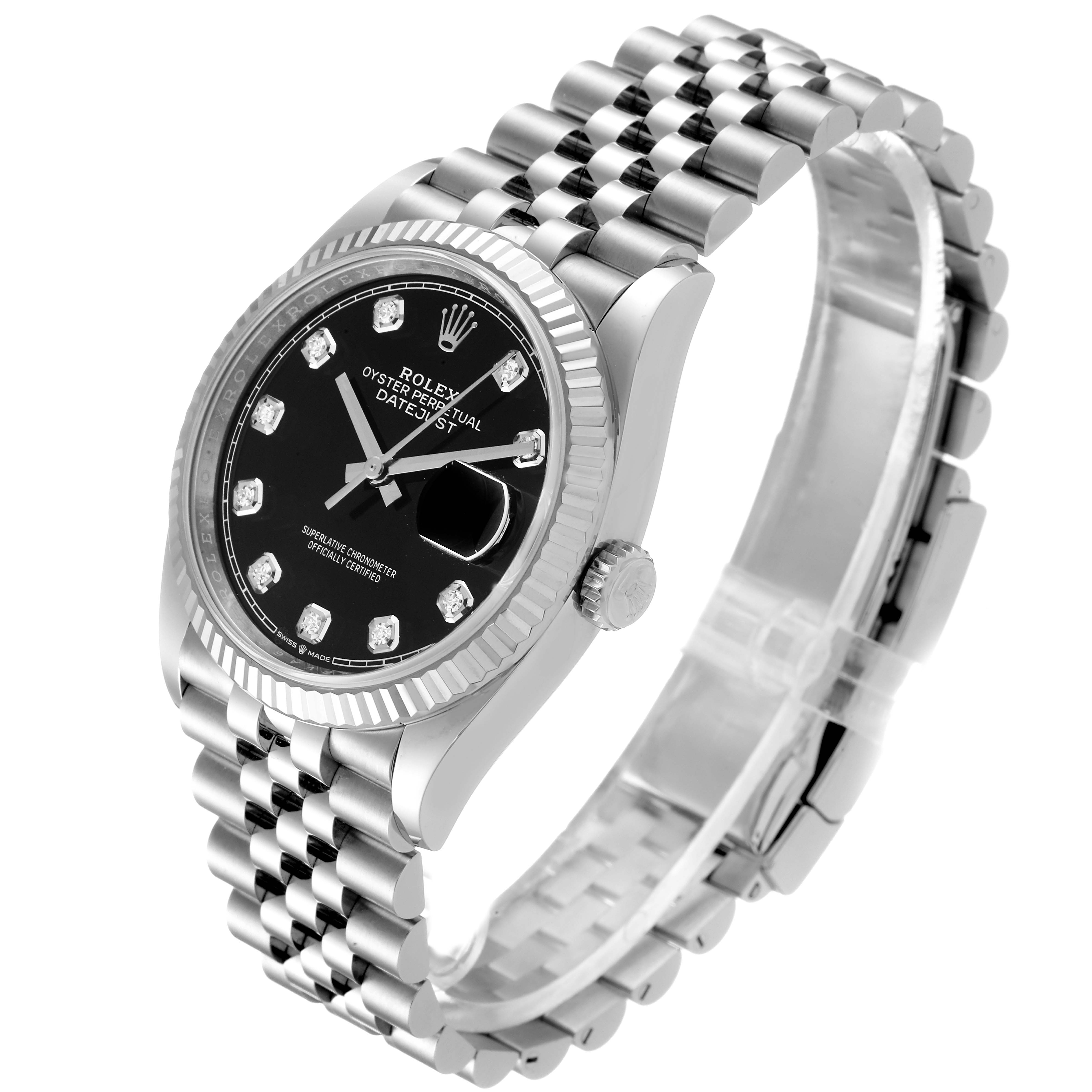 The image shows a Rolex Datejust 126234 Men
s Stainless Steel Black Dial 126234 Men
s Stainless Steel Black Dial watch at a slight side angle, highlighting the black dial, diamond hour markers, and Jubilee bracelet.