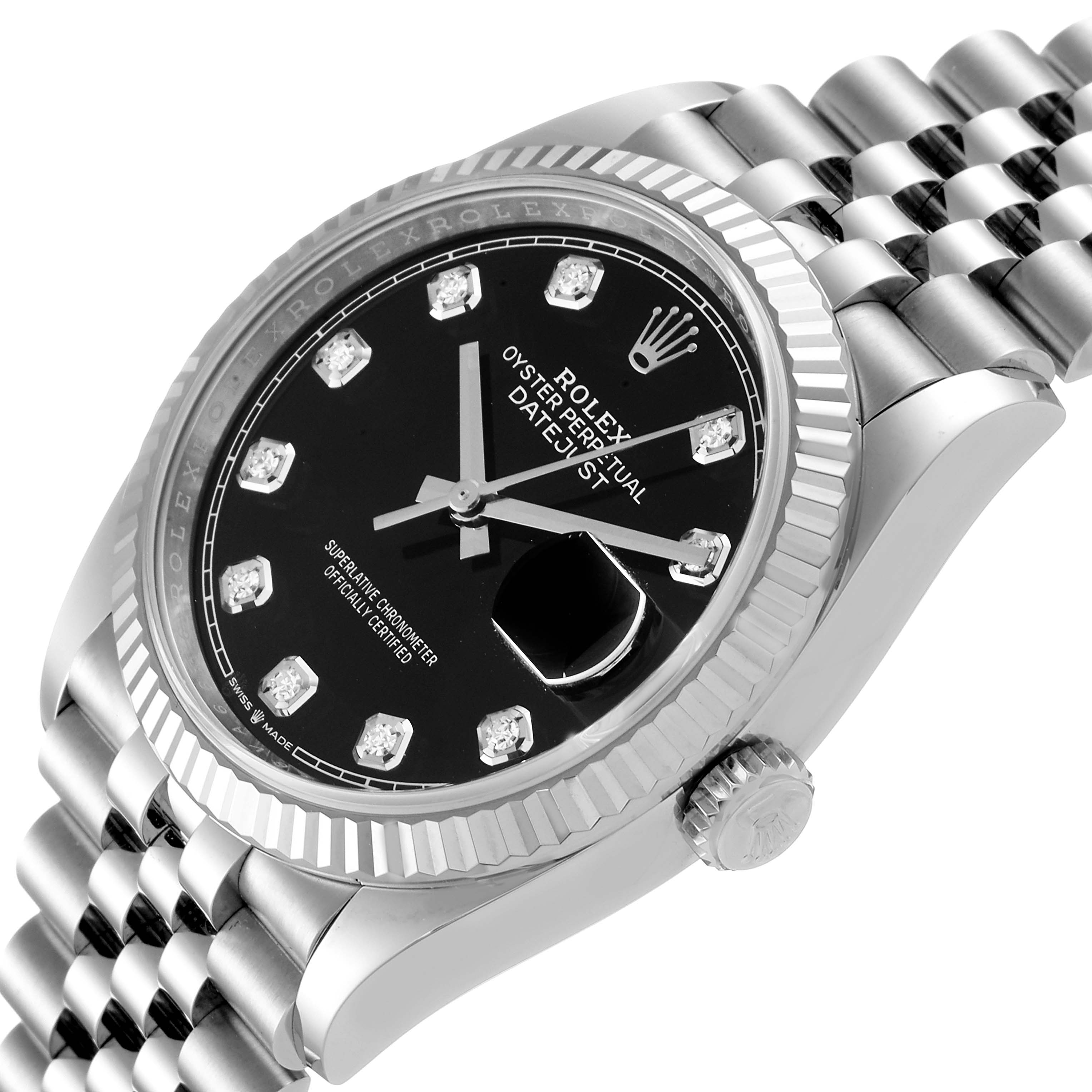 The image shows a Rolex Datejust 126234 Men
s Stainless Steel Black Dial 126234 Men
s Stainless Steel Black Dial watch at an angled top view, highlighting the dial, bezel, and part of the bracelet.