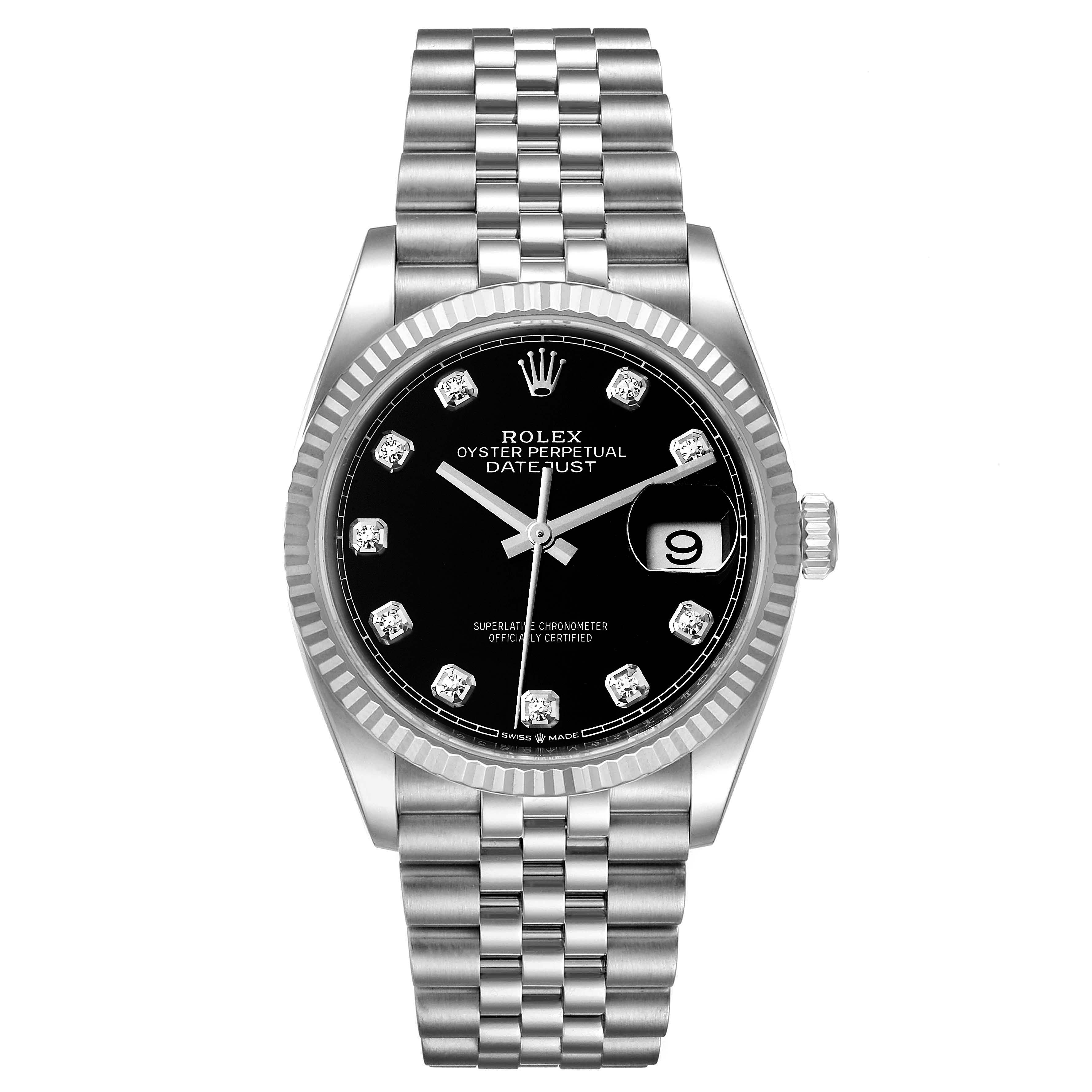 This image shows a front view of the Rolex Datejust 126234 Men
s Stainless Steel Black Dial 126234 Men
s Stainless Steel Black Dial watch, featuring a black dial, a fluted bezel, and a Jubilee bracelet.