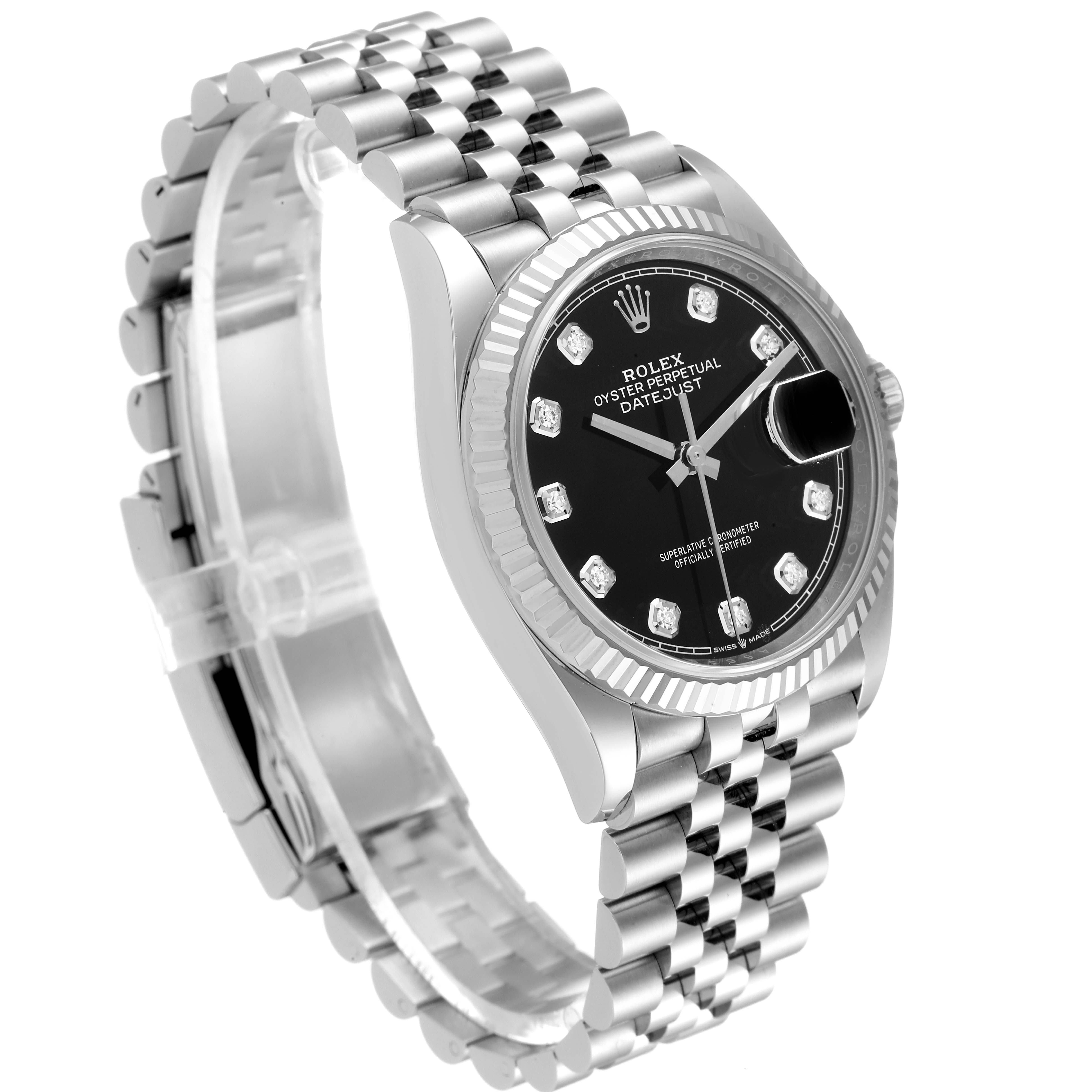 The Rolex Datejust 126234 Men
s Stainless Steel Black Dial 126234 Men
s Stainless Steel Black Dial watch is shown at a three-quarter angle, highlighting its bracelet, bezel, and black dial with diamond markers.