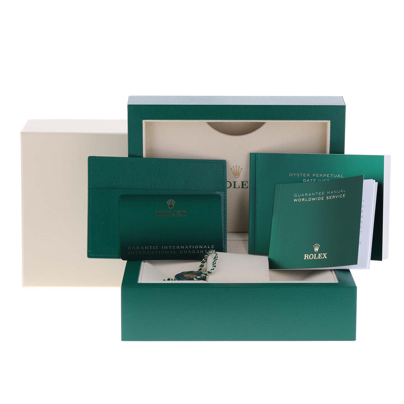 The image displays the packaging and documentation for a Rolex Datejust 126234 Men's Stainless Steel Blue Dial 126234 Men's Stainless Steel Blue Dial watch, including the box, booklets, and guarantee card.