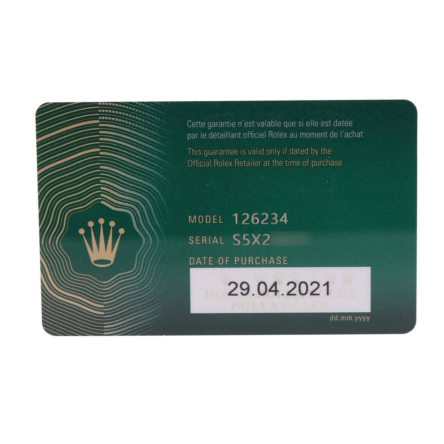 The image shows a warranty card for the Rolex Datejust 126234 Men's Stainless Steel Blue Dial 126234 Men's Stainless Steel Blue Dial model 126234, displaying model number, serial number, and date of purchase.