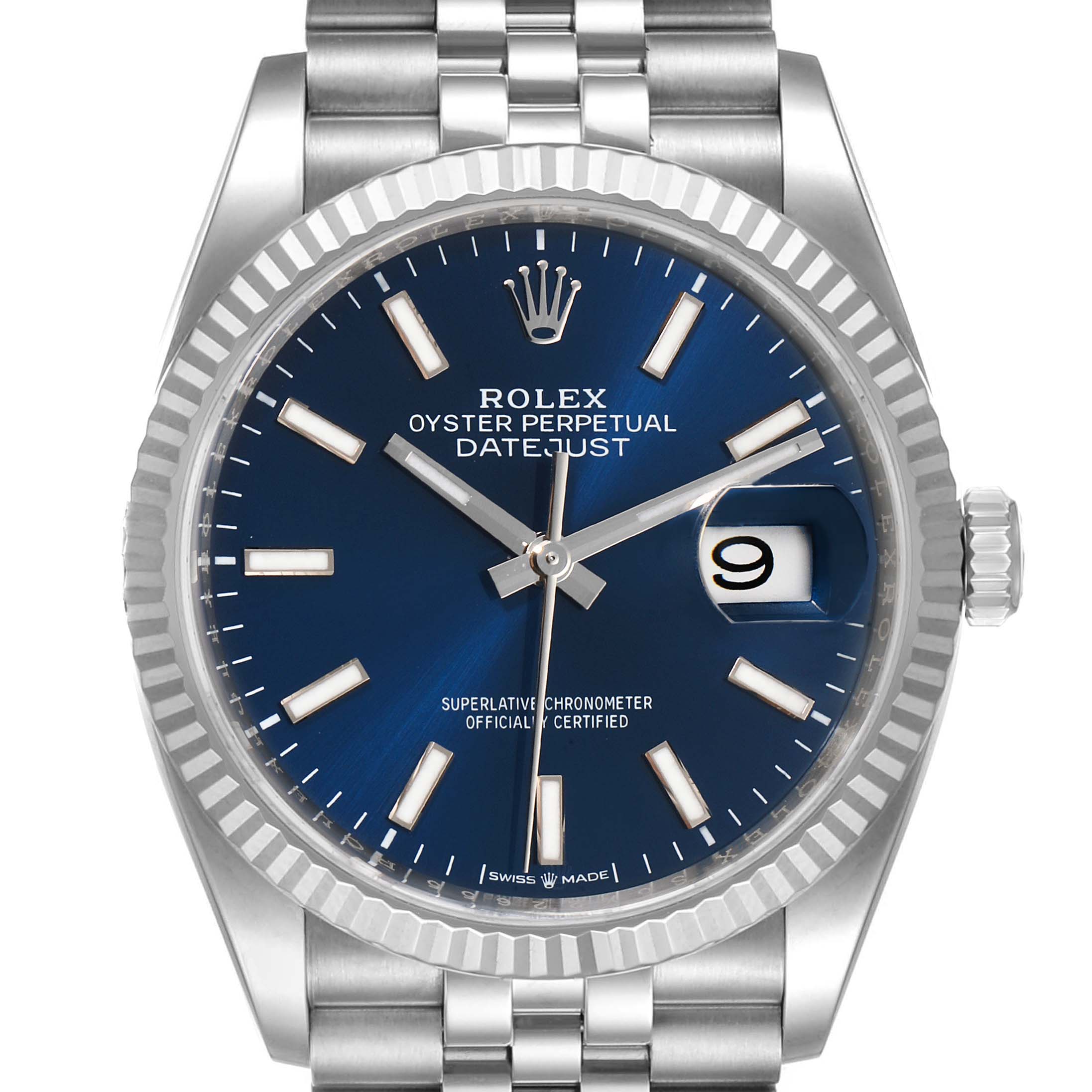 The image shows a front view of a Rolex Datejust 126234 Men's Stainless Steel Blue Dial 126234 Men's Stainless Steel Blue Dial watch, highlighting the dial, bezel, crown, and part of the bracelet.
