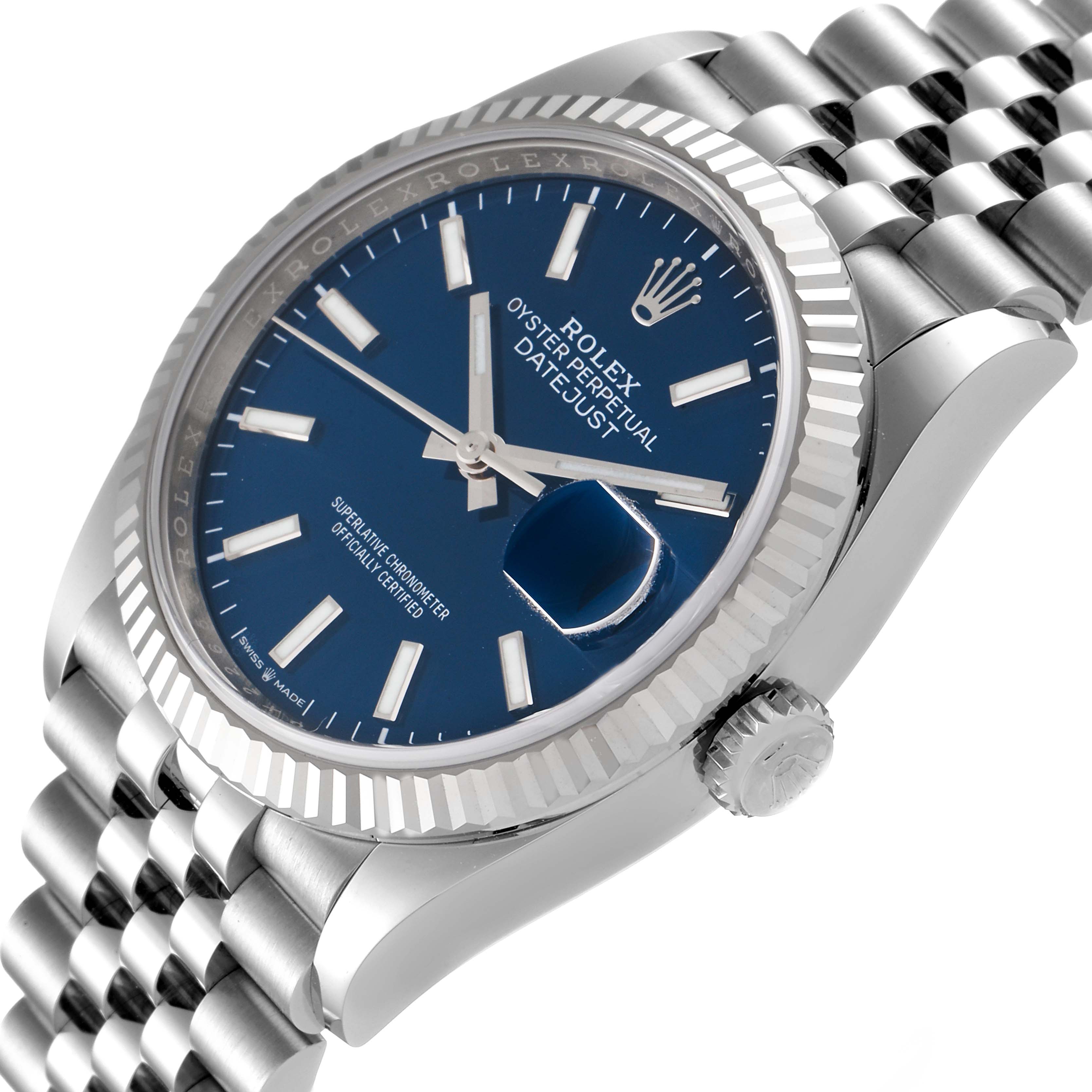 The image shows a Rolex Datejust 126234 Men's Stainless Steel Blue Dial 126234 Men's Stainless Steel Blue Dial watch at an angle highlighting the blue dial, fluted bezel, and part of the Jubilee bracelet.