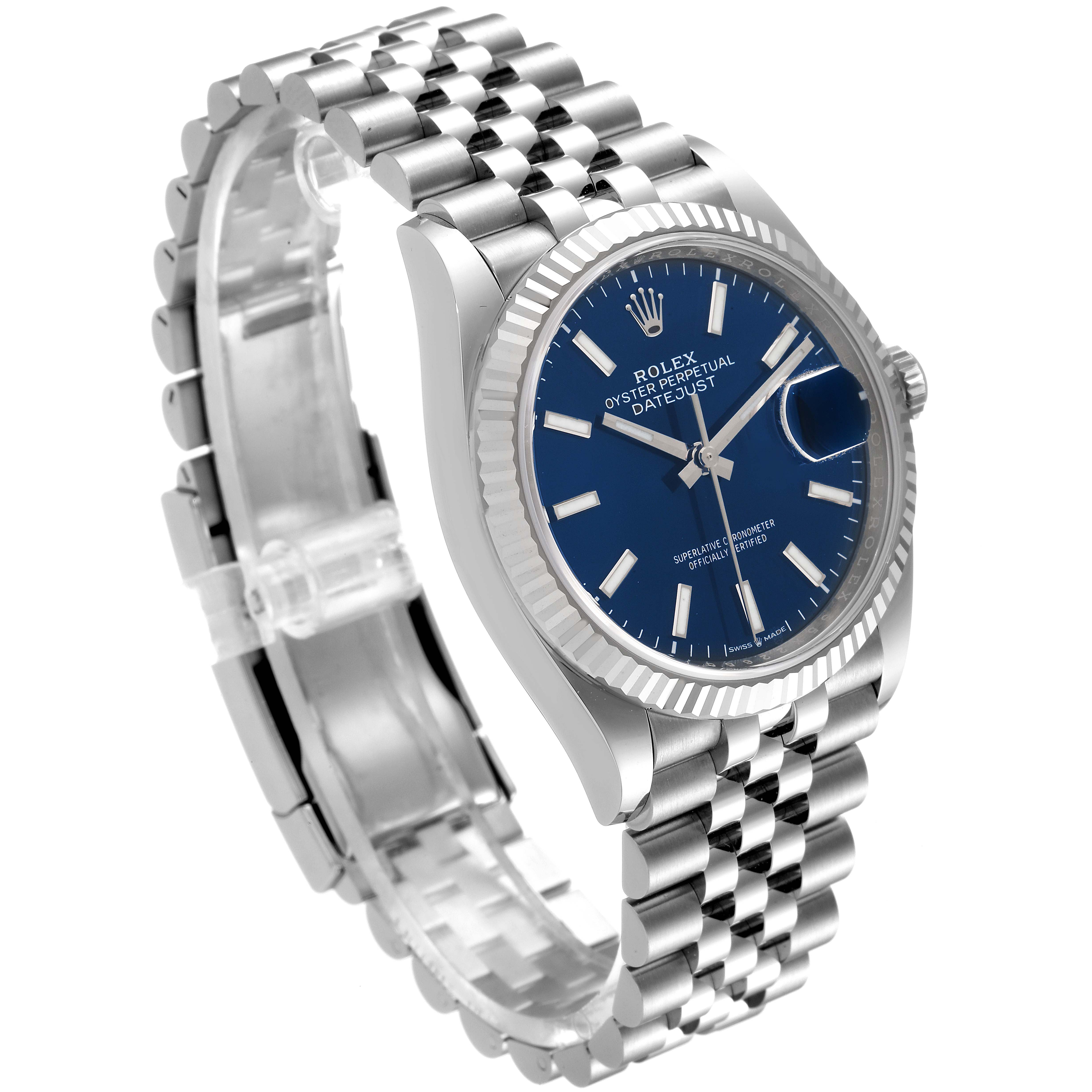 This image shows a Rolex Datejust 126234 Men's Stainless Steel Blue Dial 126234 Men's Stainless Steel Blue Dial watch, displaying its face, fluted bezel, and Jubilee bracelet from an angled side view.