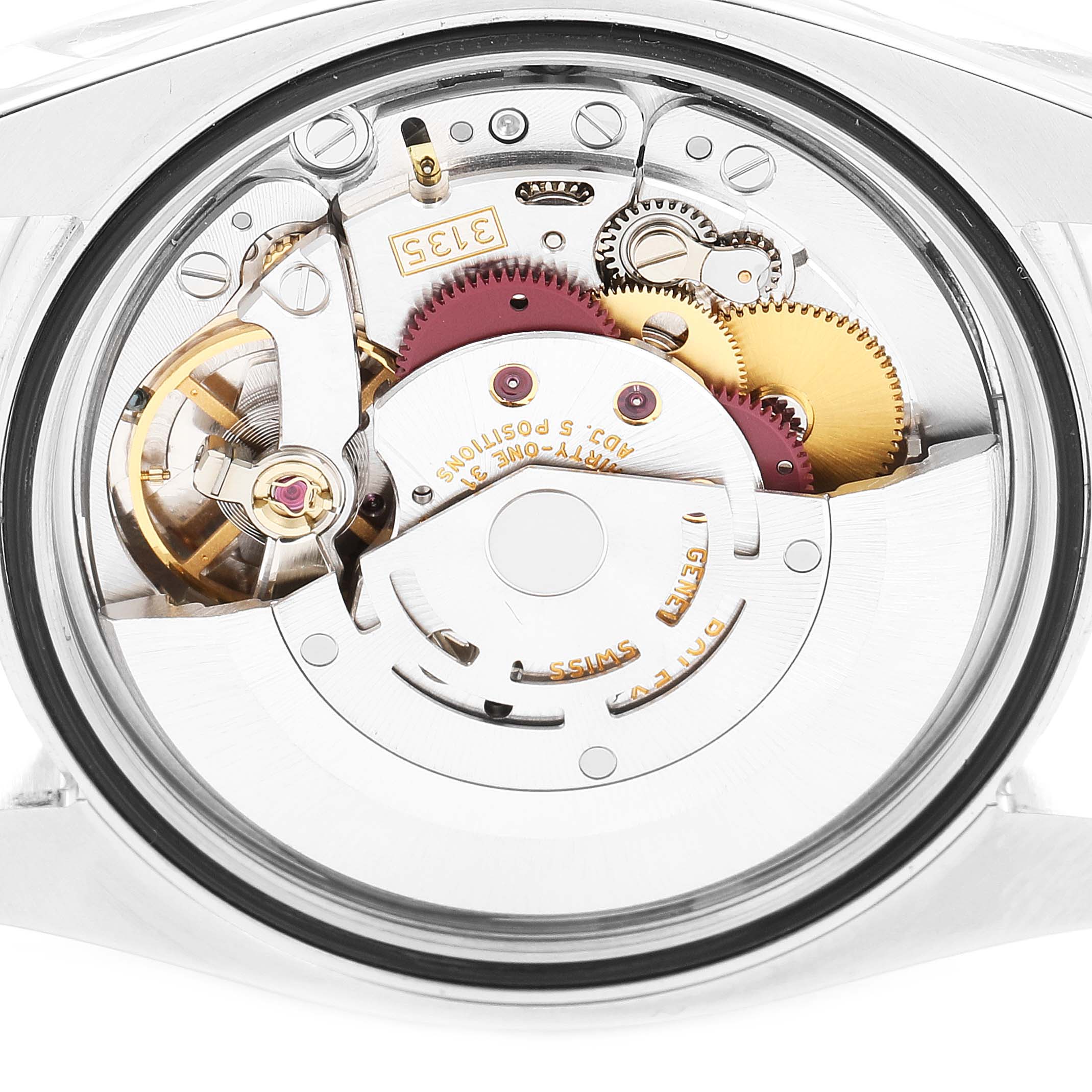The image shows the movement and inner mechanisms of a Rolex Datejust 116234 Men
s Stainless Steel Black Dial 116234 Men
s Stainless Steel Black Dial watch viewed from the back.