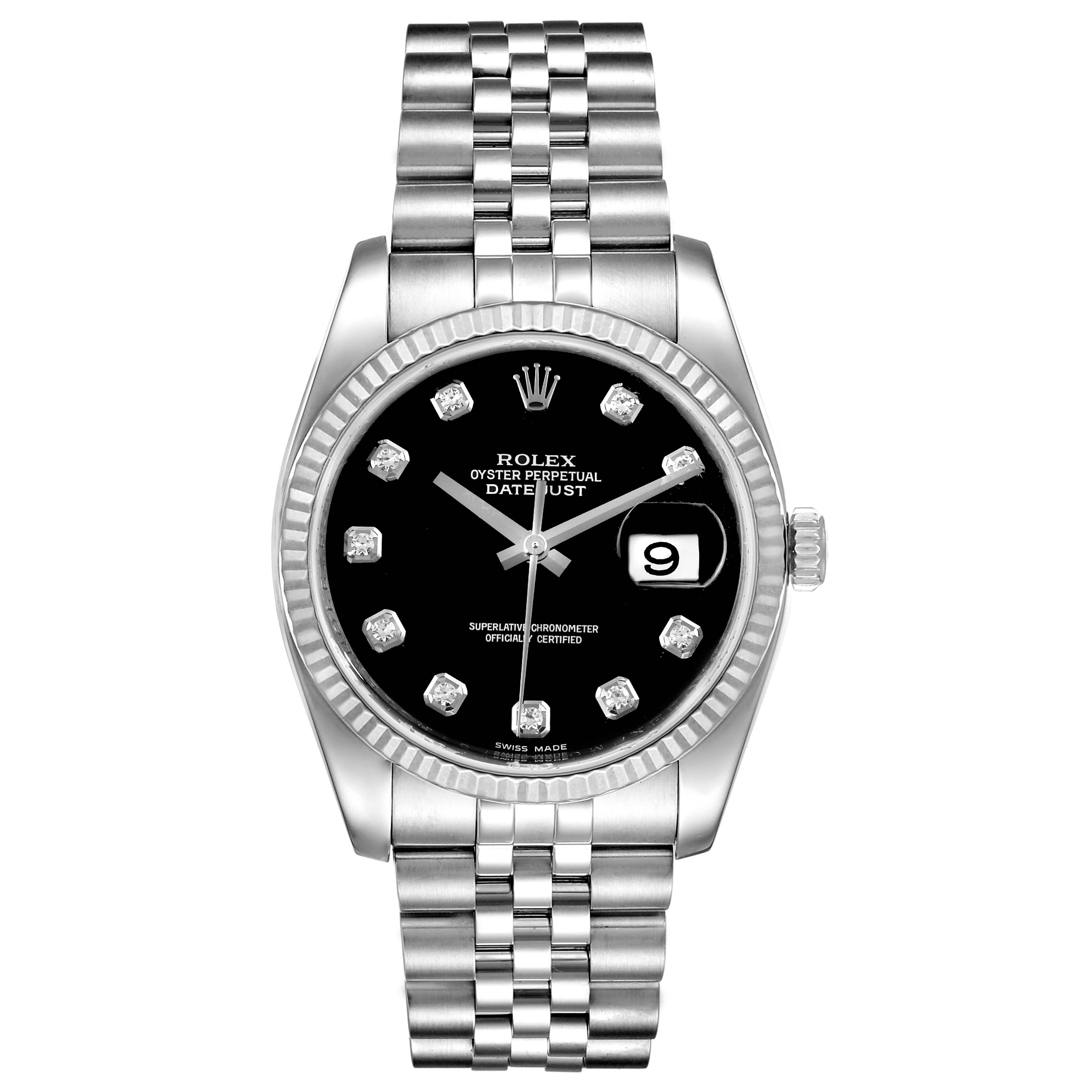 This is a front view of a Rolex Datejust 116234 Men
s Stainless Steel Black Dial 116234 Men
s Stainless Steel Black Dial watch, showing the face, bezel, and bracelet.