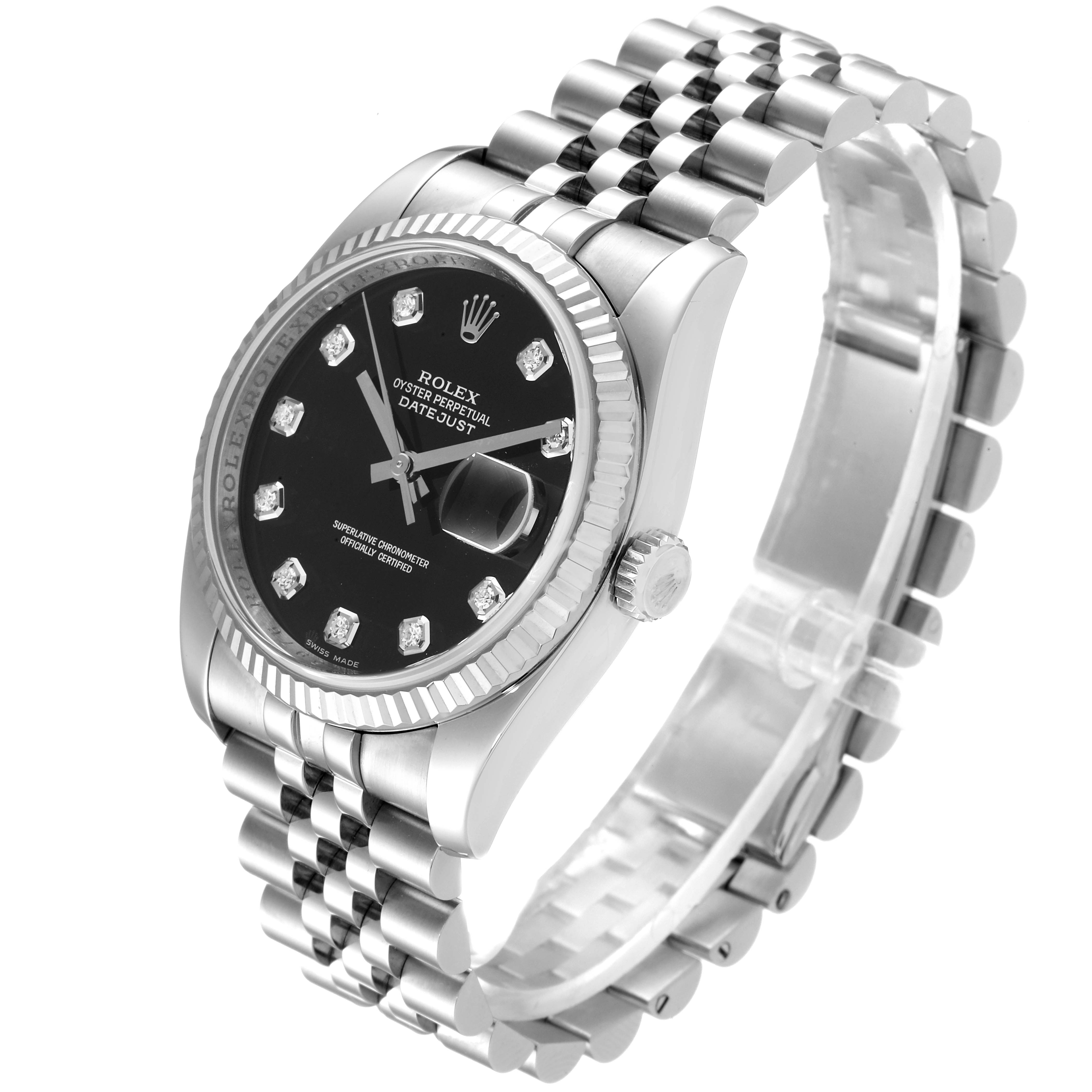 The image shows a Rolex Datejust 116234 Men
s Stainless Steel Black Dial 116234 Men
s Stainless Steel Black Dial watch displayed at a three-quarter angle, revealing the face, bezel, crown, and part of the bracelet.
