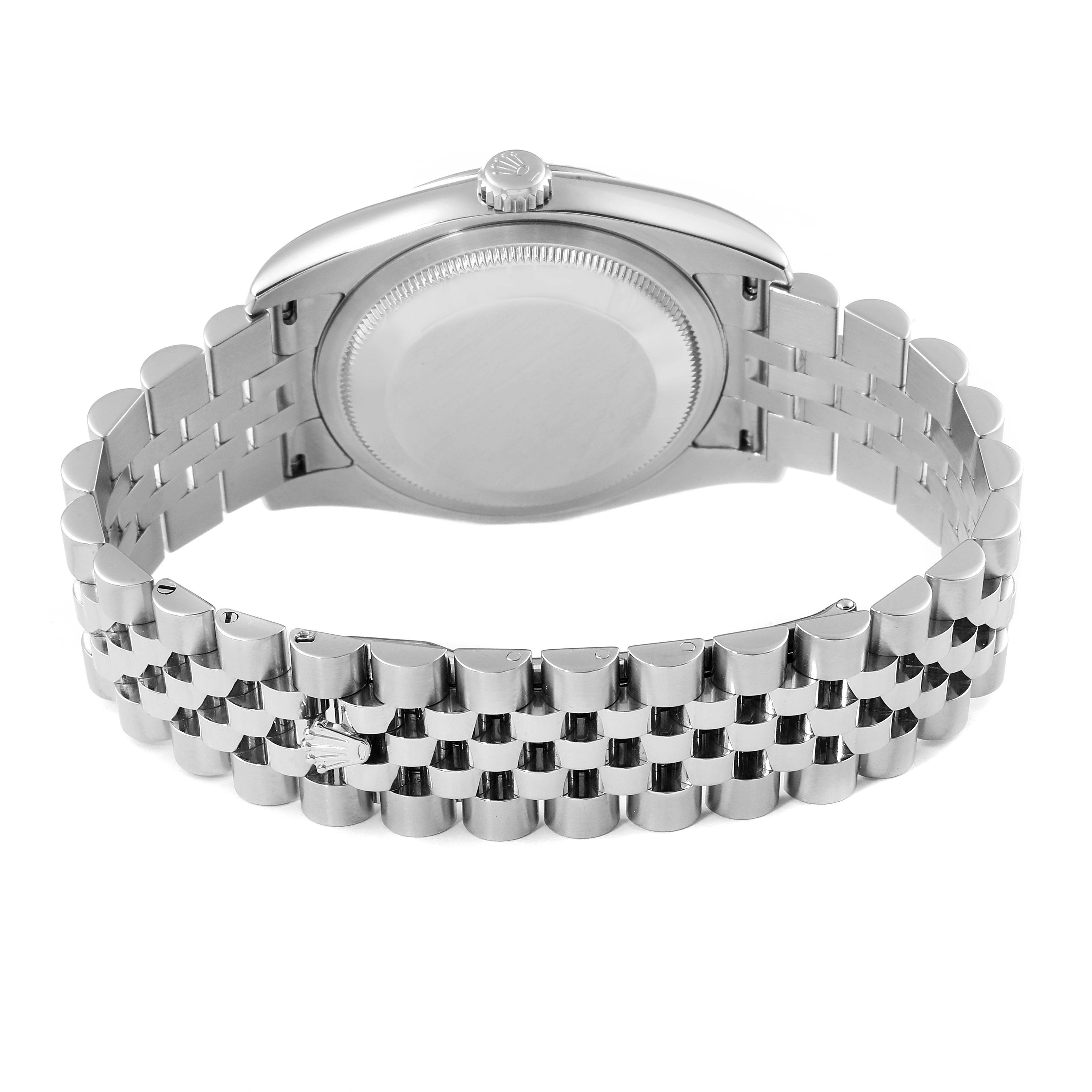 The image shows the back view of a Rolex Datejust 116234 Men
s Stainless Steel Black Dial 116234 Men
s Stainless Steel Black Dial watch, highlighting the case back and metal bracelet.