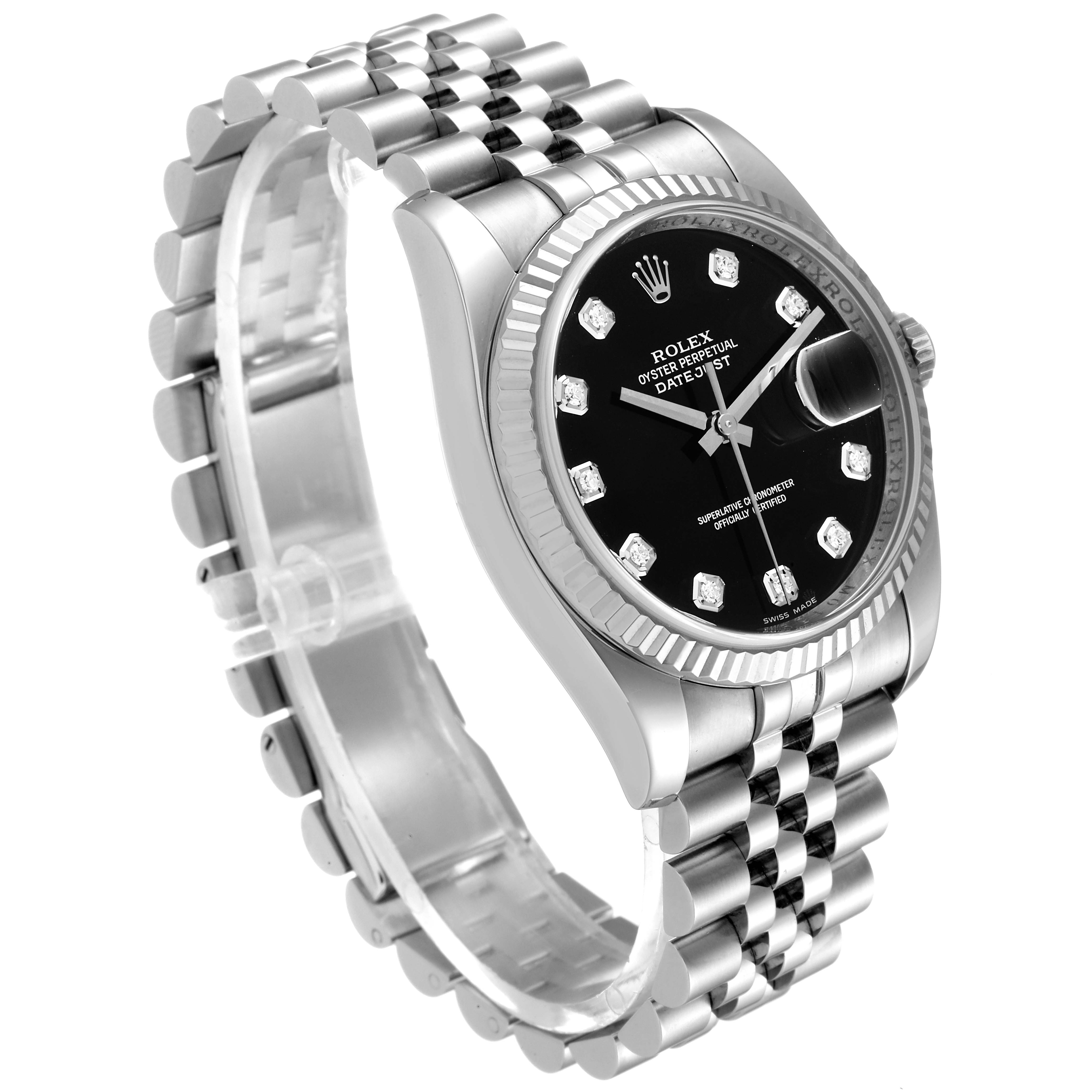 The image shows an angled view of a Rolex Datejust 116234 Men
s Stainless Steel Black Dial 116234 Men
s Stainless Steel Black Dial watch, highlighting the face, bezel, and bracelet.