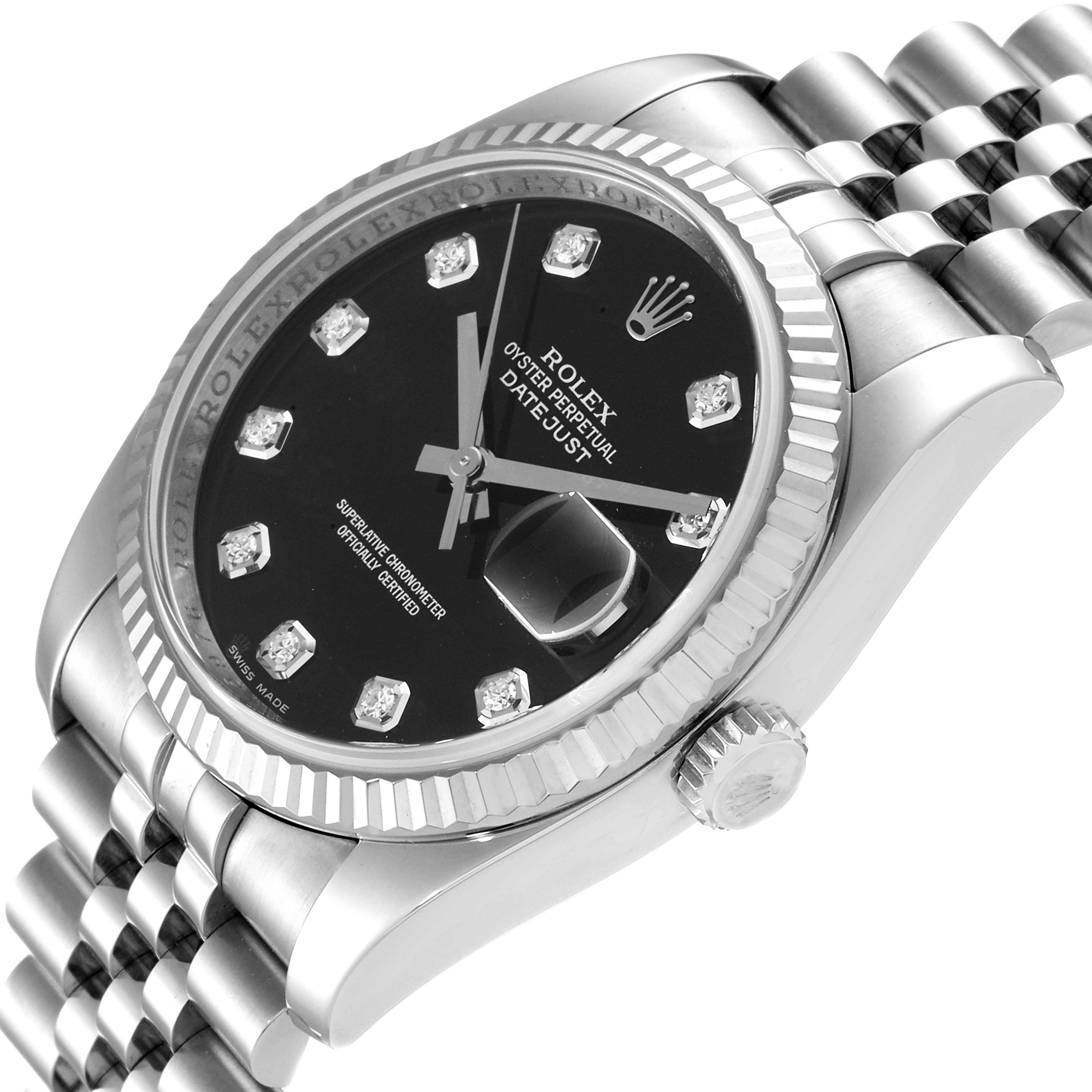 This Rolex Datejust 116234 Men
s Stainless Steel Black Dial 116234 Men
s Stainless Steel Black Dial watch is shown at an angled side view, highlighting the dial, bezel, crown, and part of the bracelet.