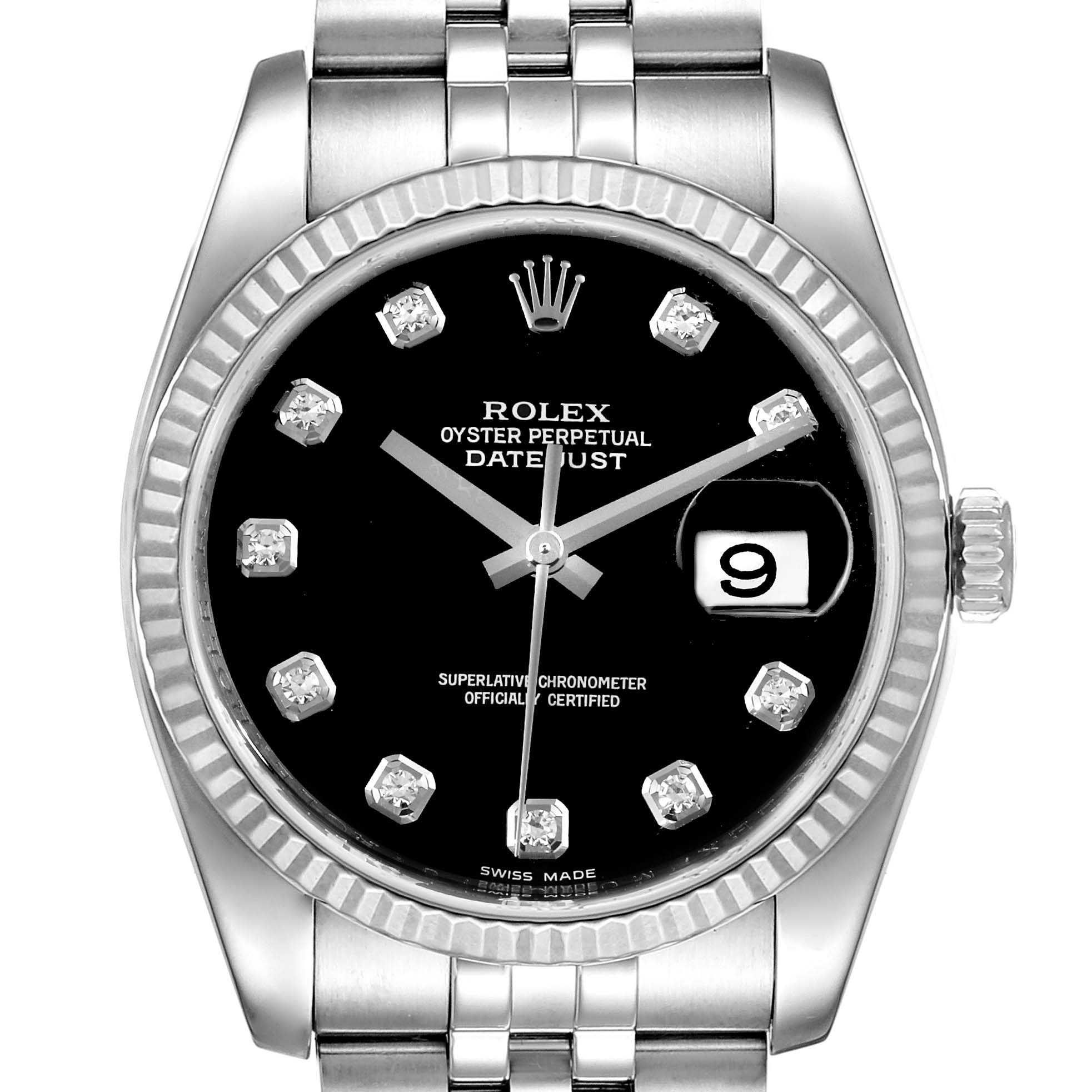The Rolex Datejust 116234 Men
s Stainless Steel Black Dial 116234 Men
s Stainless Steel Black Dial watch is shown from a front angle, displaying the face, bezel, crown, and part of the bracelet.