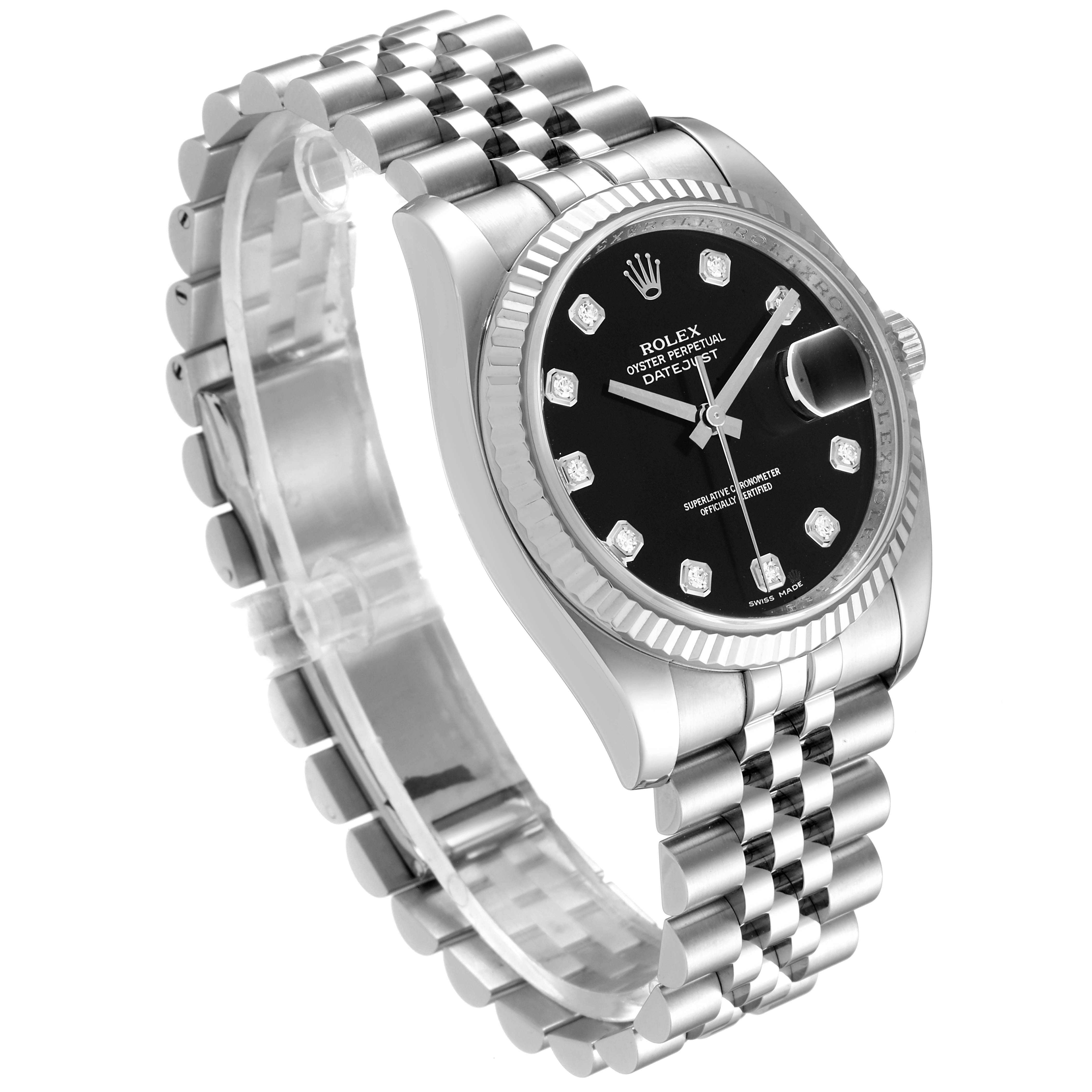 The Rolex Datejust 116234 Men
s Stainless Steel Black Dial 116234 Men
s Stainless Steel Black Dial watch is shown at a slight angle, displaying its face, bezel, and Jubilee bracelet.