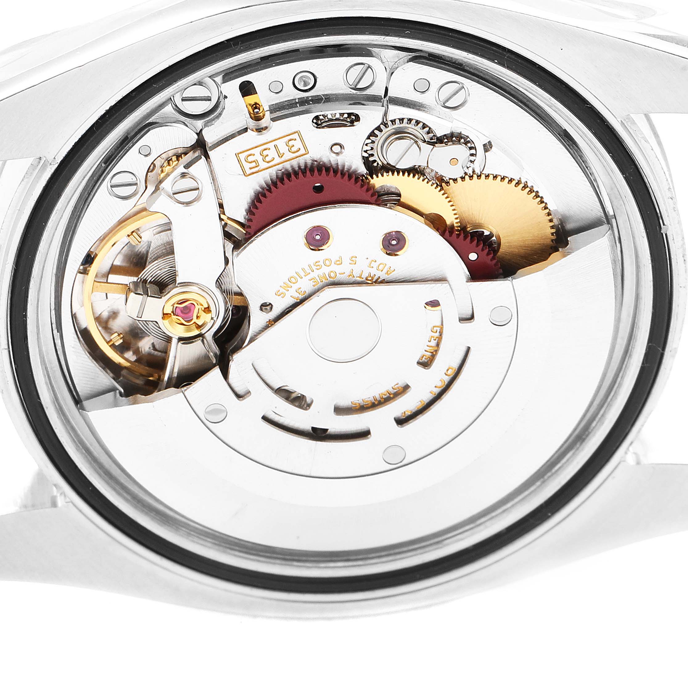 This image shows a close-up view of the movement inside a Rolex Datejust 116234 Men
s Stainless Steel Black Dial 116234 Men
s Stainless Steel Black Dial model watch, highlighting its intricate components.