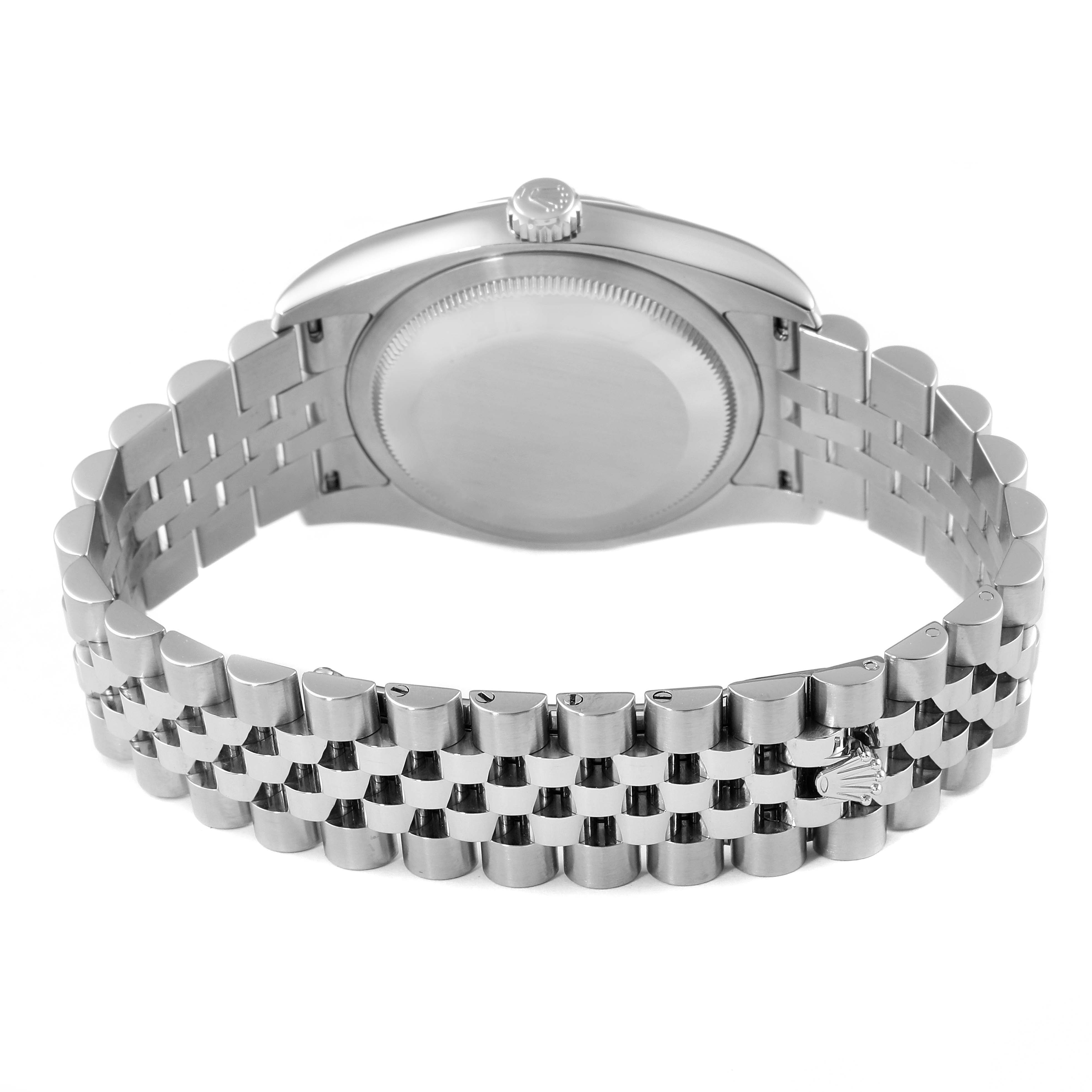 The image shows the back case and Jubilee bracelet of a Rolex Datejust 116234 Men
s Stainless Steel Black Dial 116234 Men
s Stainless Steel Black Dial watch.