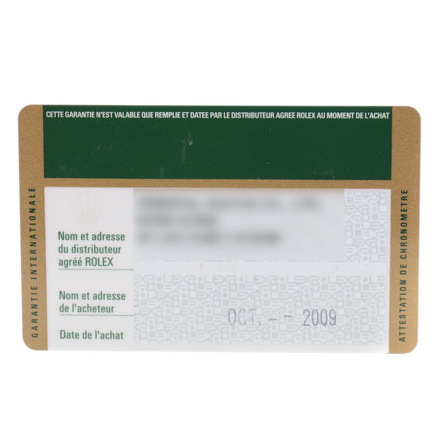 This image shows the warranty card for a Rolex Datejust 116234 Men
s Stainless Steel Black Dial 116234 Men
s Stainless Steel Black Dial watch, displaying the guarantee information and purchase date.